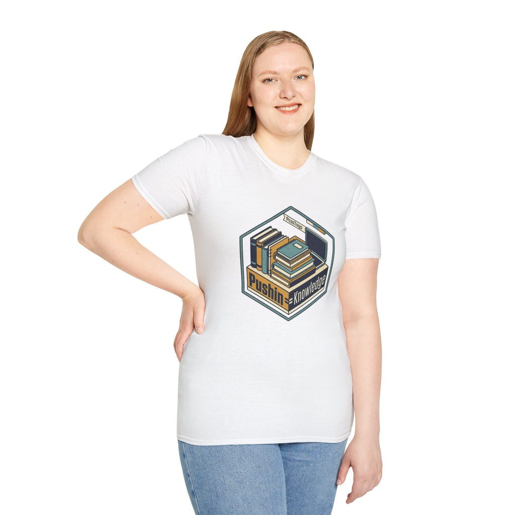 T-Shirt — "Pushin' Knowledge" Retro Book Stack Graphic