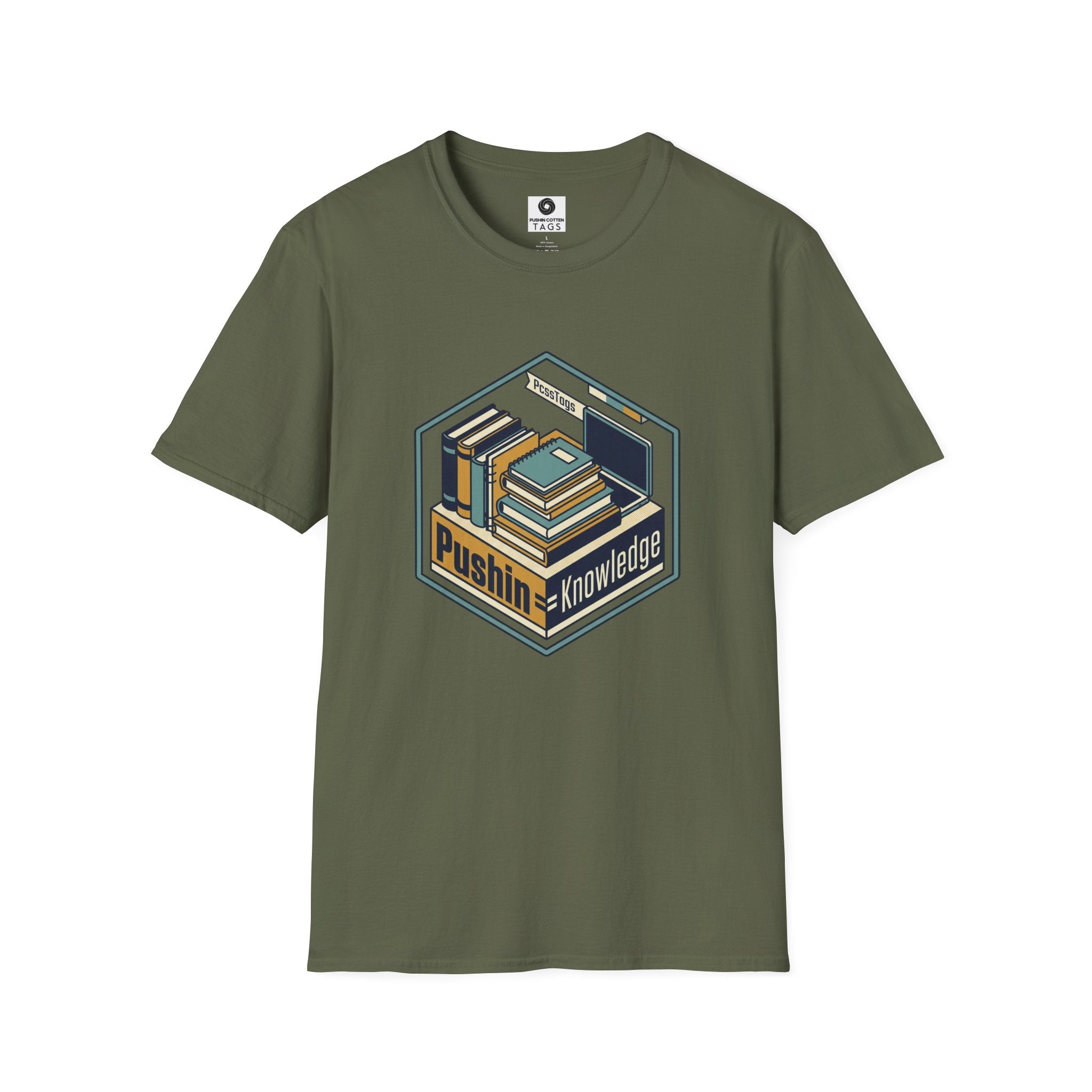 T-Shirt — "Pushin' Knowledge" Retro Book Stack Graphic