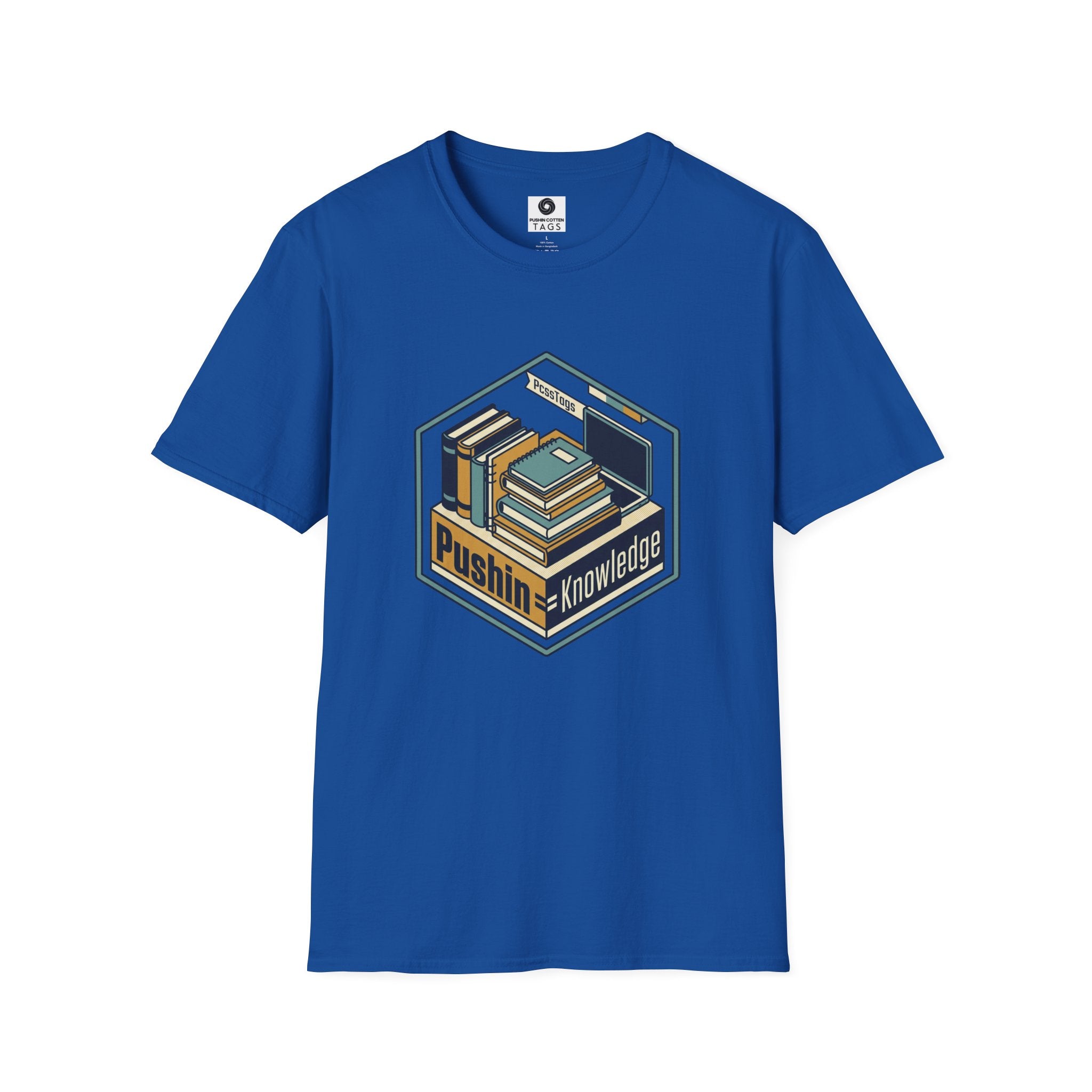 T-Shirt — "Pushin' Knowledge" Retro Book Stack Graphic