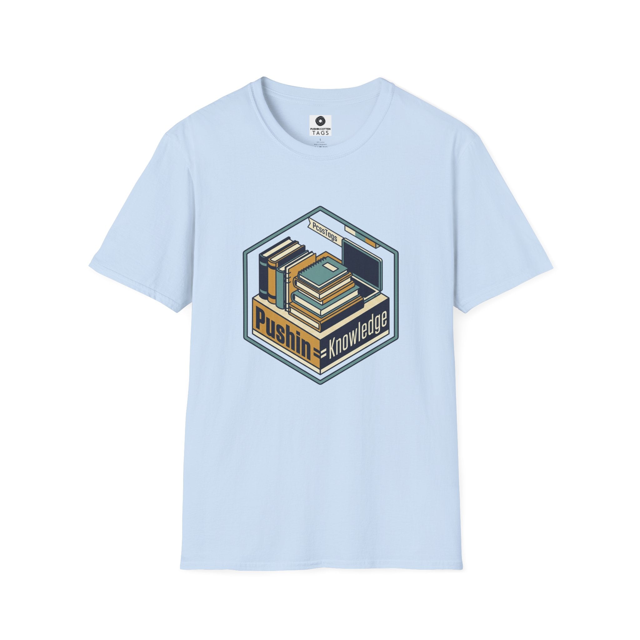 T-Shirt — "Pushin' Knowledge" Retro Book Stack Graphic