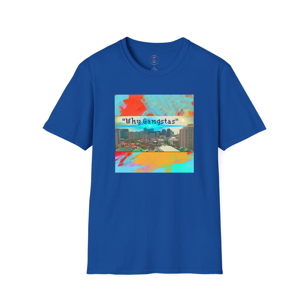 "Why Gangstas" Cityscape T-Shirt — Retro Colorful Streetwear Tee