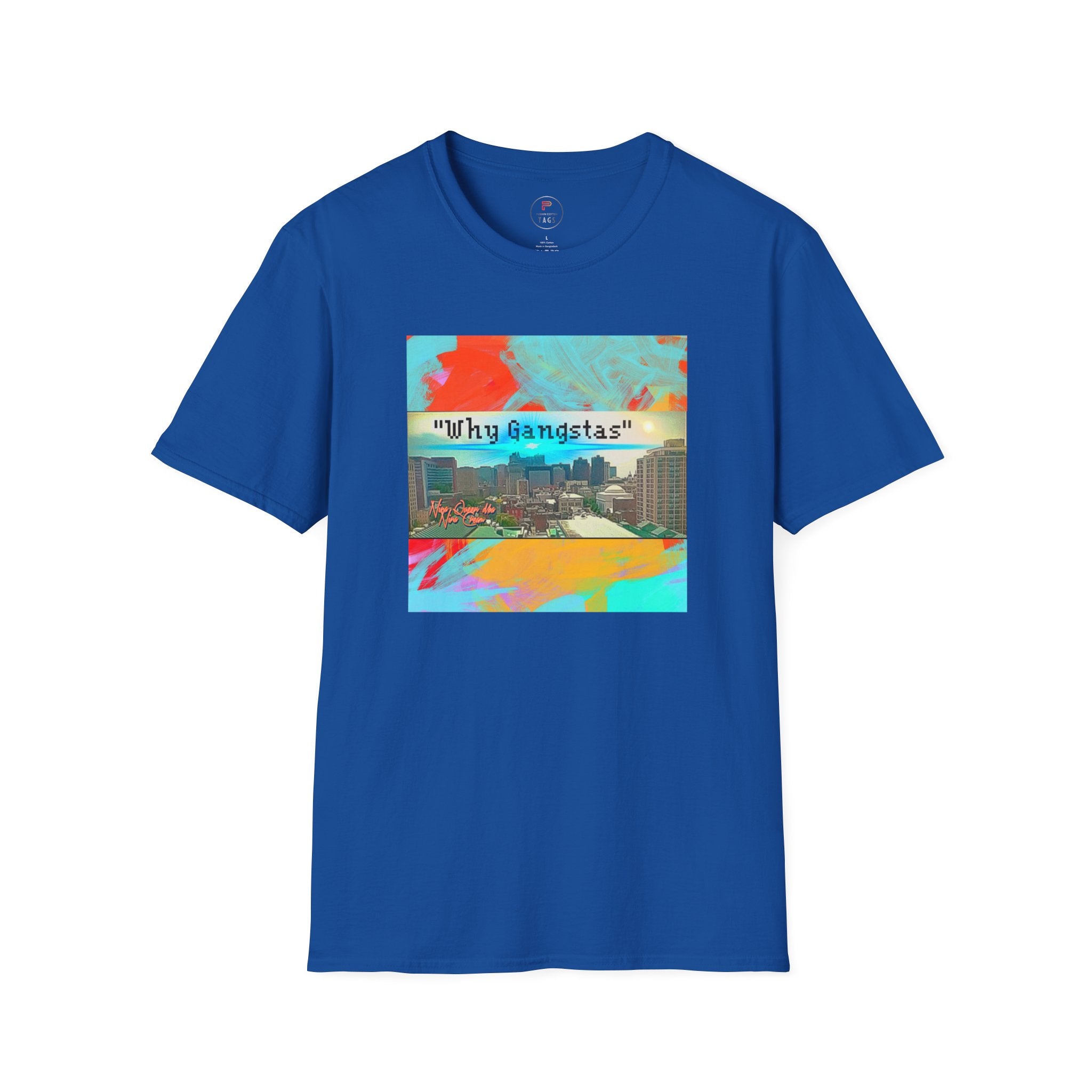 "Why Gangstas" Cityscape T-Shirt — Retro Colorful Streetwear Tee