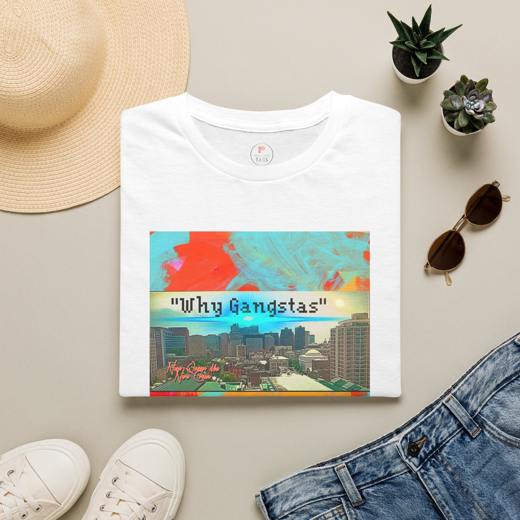 "Why Gangstas" Cityscape T-Shirt — Retro Colorful Streetwear Tee