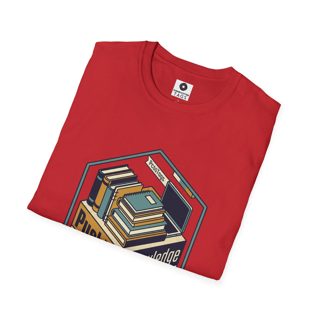 T-Shirt — "Pushin' Knowledge" Retro Book Stack Graphic