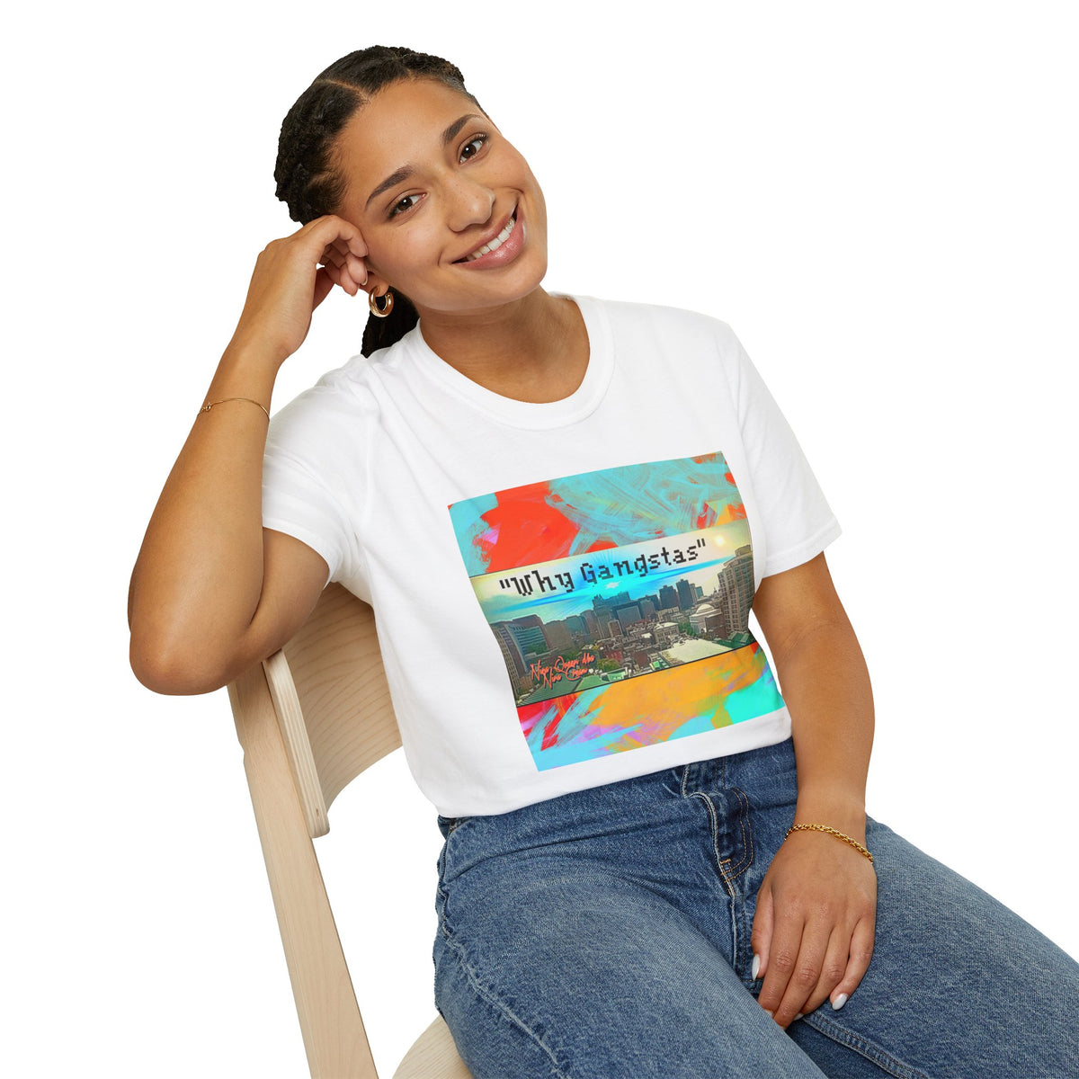 "Why Gangstas" Cityscape T-Shirt — Retro Colorful Streetwear Tee