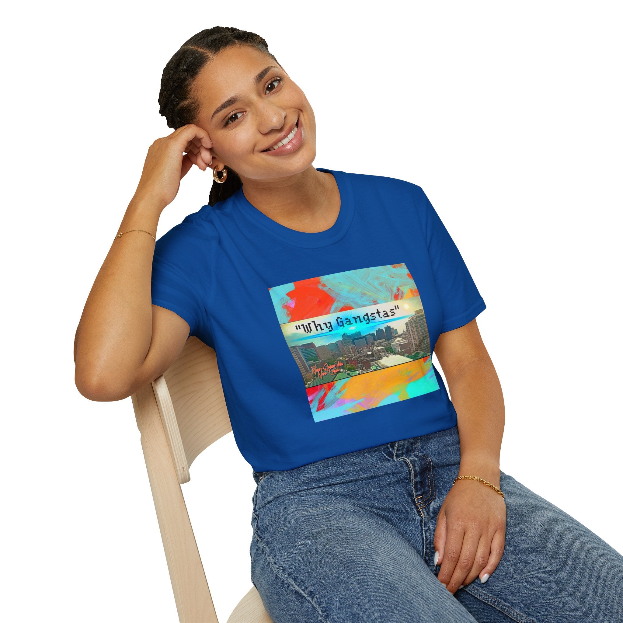 "Why Gangstas" Cityscape T-Shirt — Retro Colorful Streetwear Tee