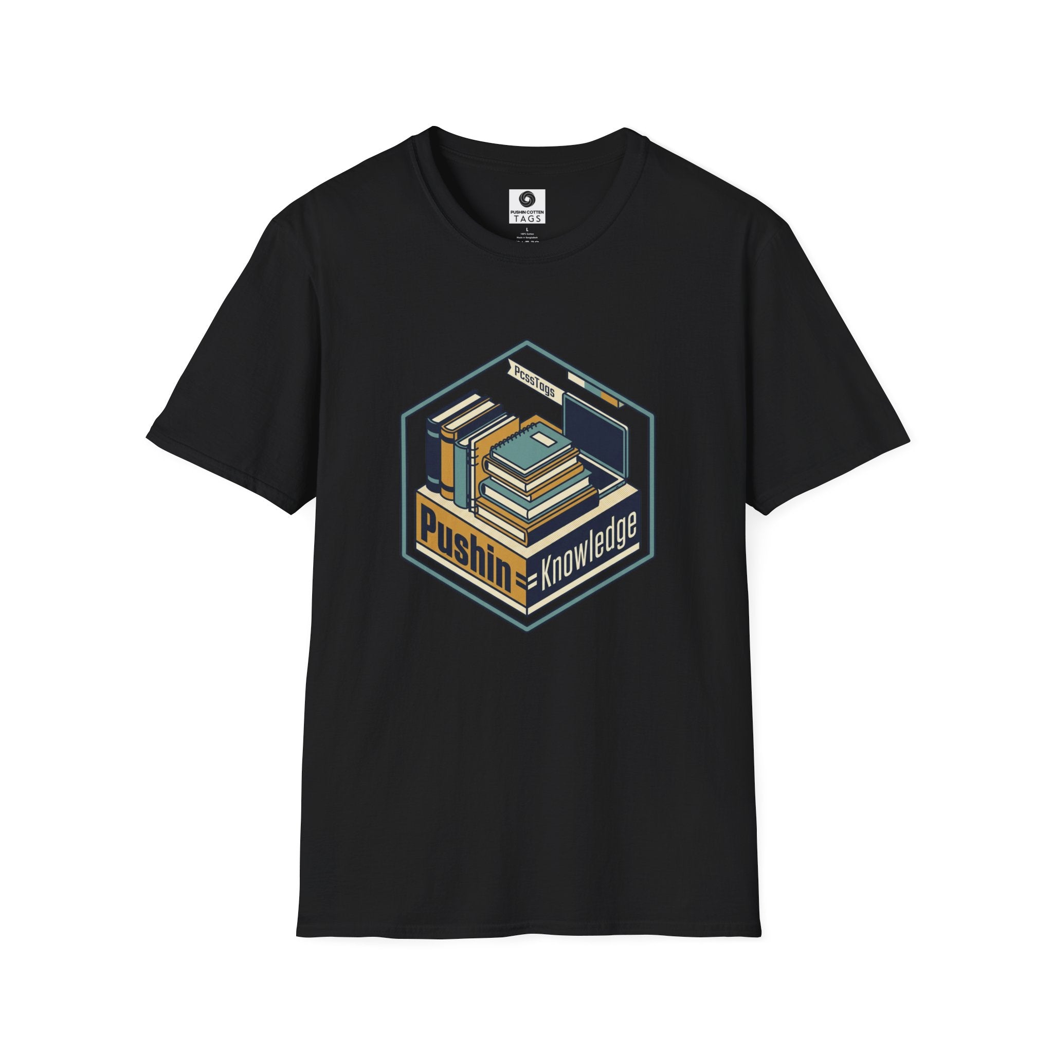 T-Shirt — "Pushin' Knowledge" Retro Book Stack Graphic