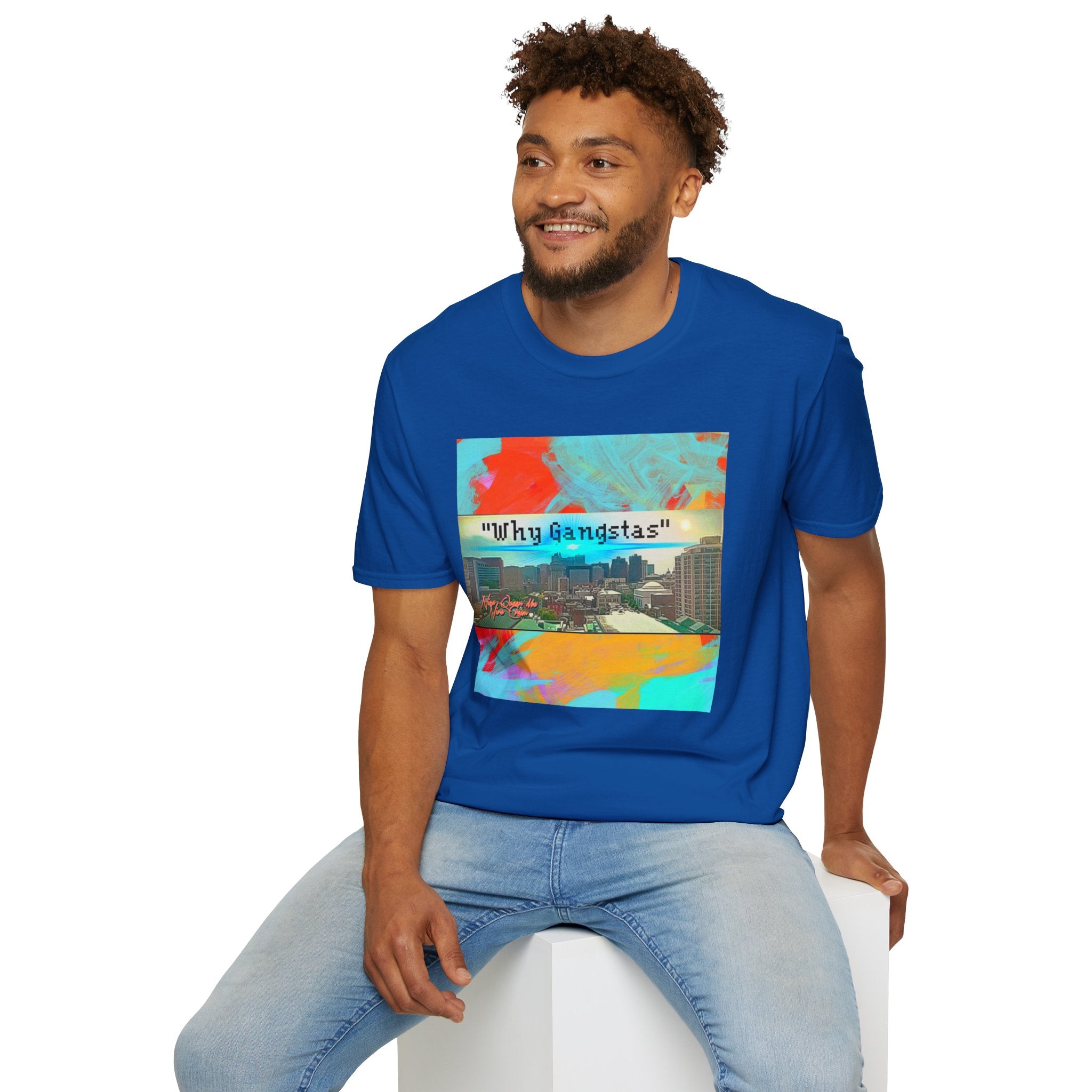 "Why Gangstas" Cityscape T-Shirt — Retro Colorful Streetwear Tee