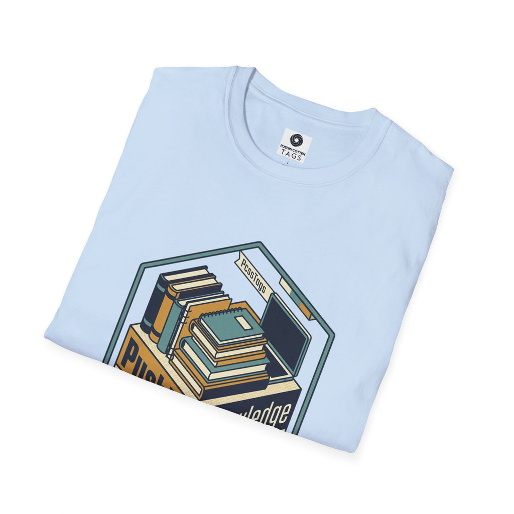 T-Shirt — "Pushin' Knowledge" Retro Book Stack Graphic