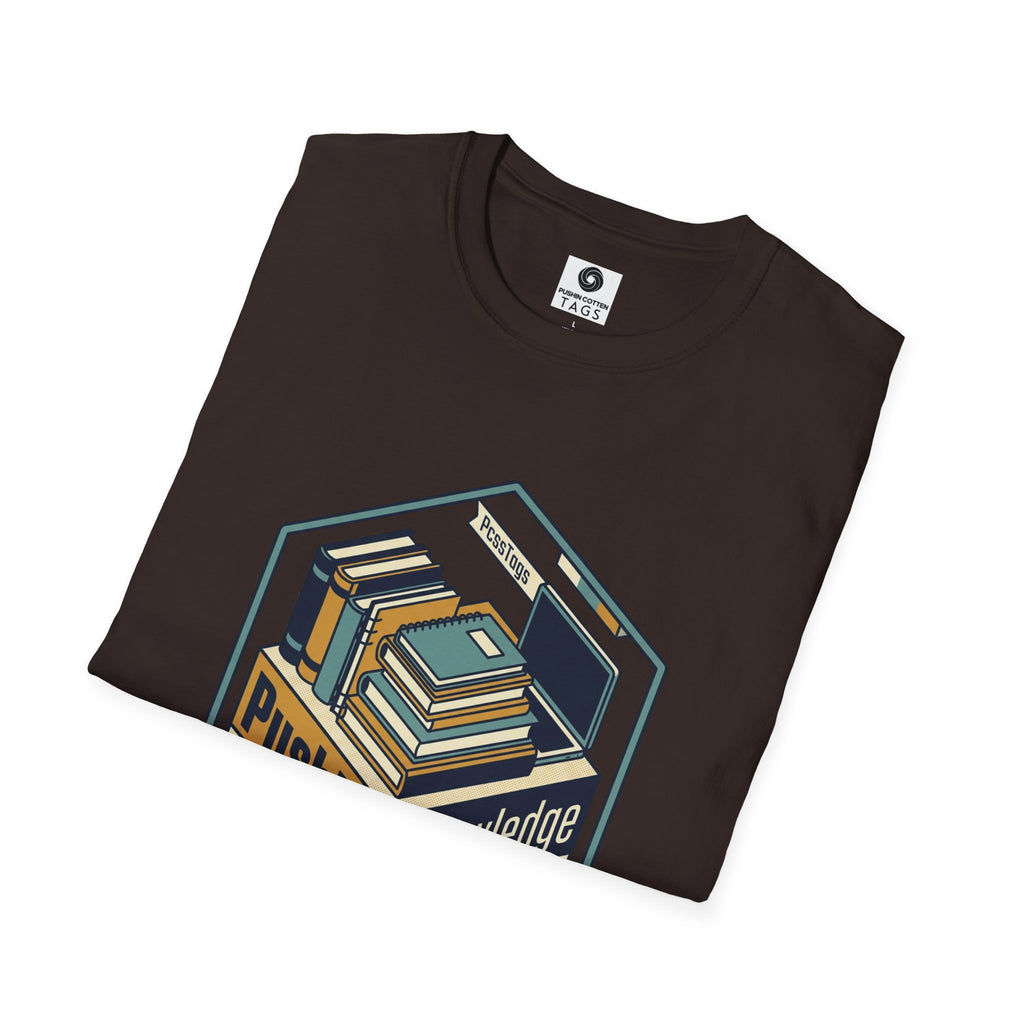 T-Shirt — "Pushin' Knowledge" Retro Book Stack Graphic