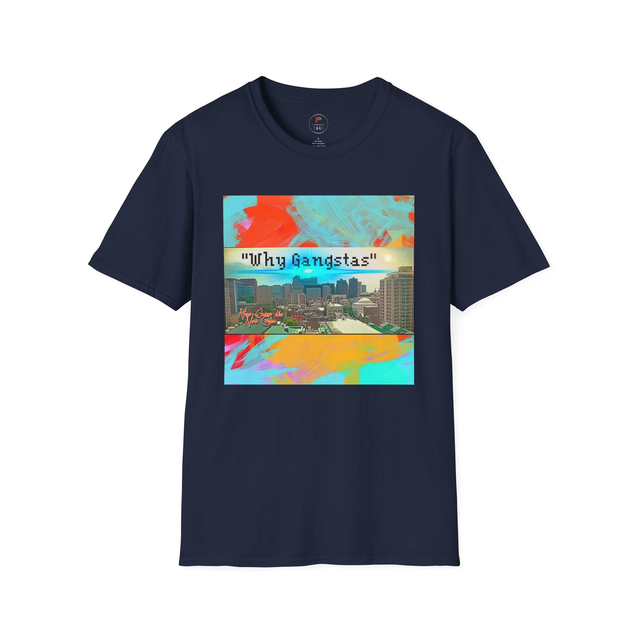 "Why Gangstas" Cityscape T-Shirt — Retro Colorful Streetwear Tee