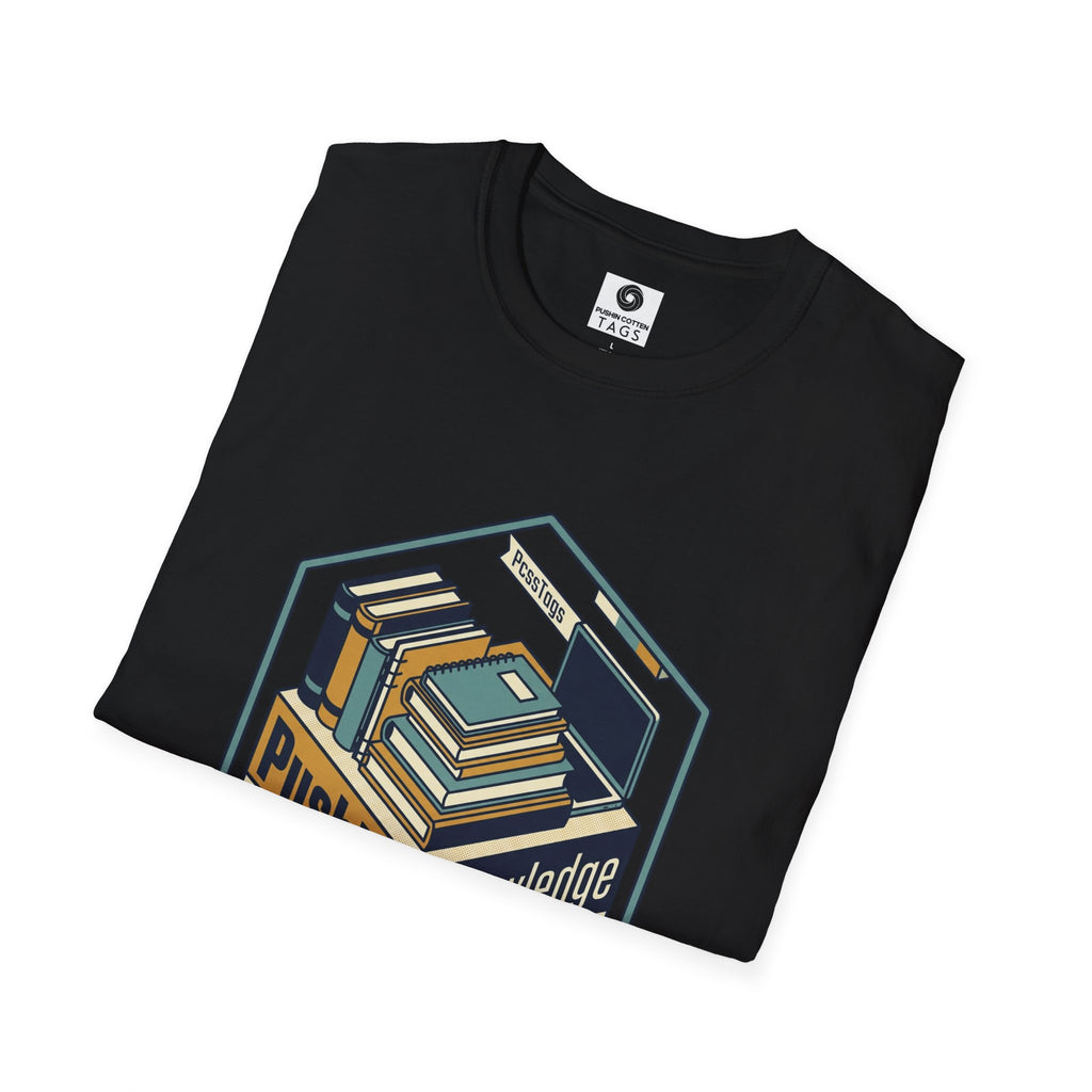 T-Shirt — "Pushin' Knowledge" Retro Book Stack Graphic