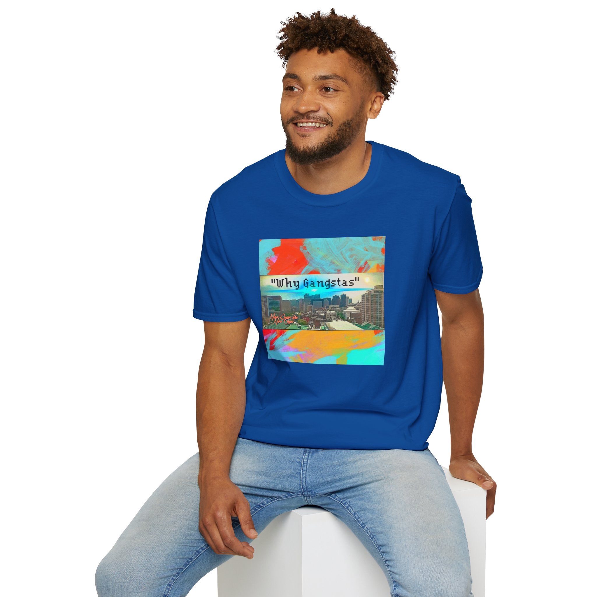 "Why Gangstas" Cityscape T-Shirt — Retro Colorful Streetwear Tee