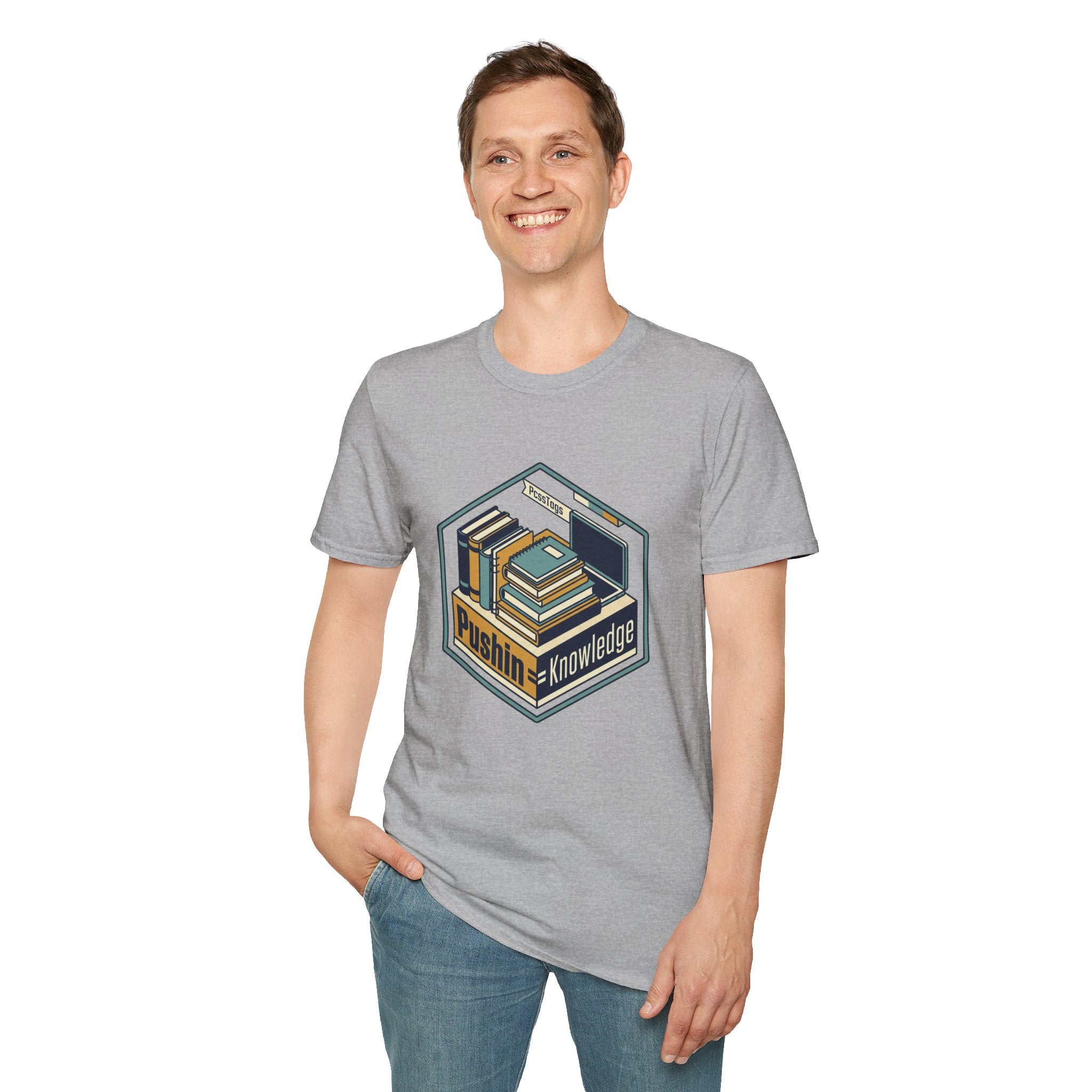 T-Shirt — "Pushin' Knowledge" Retro Book Stack Graphic