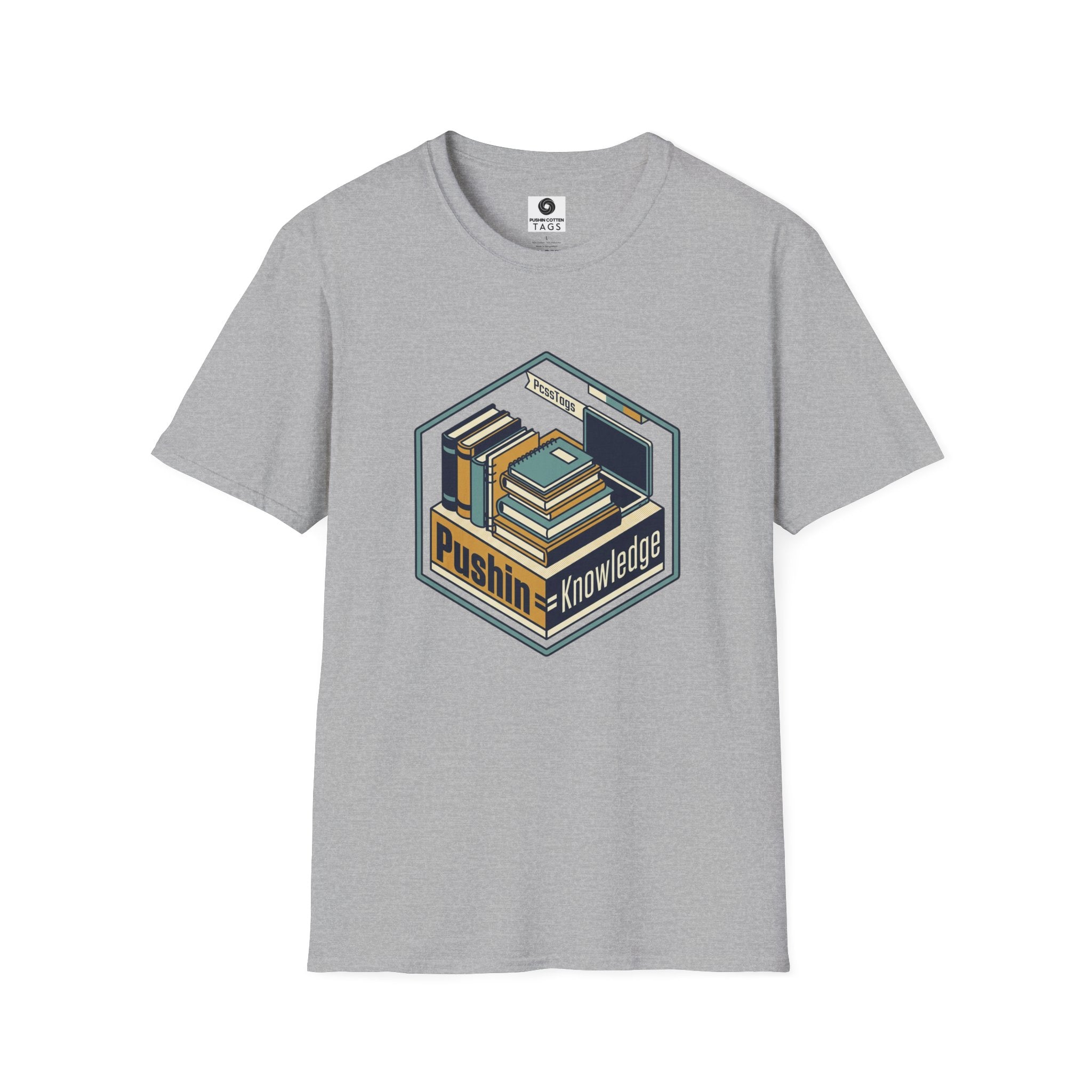 T-Shirt — "Pushin' Knowledge" Retro Book Stack Graphic