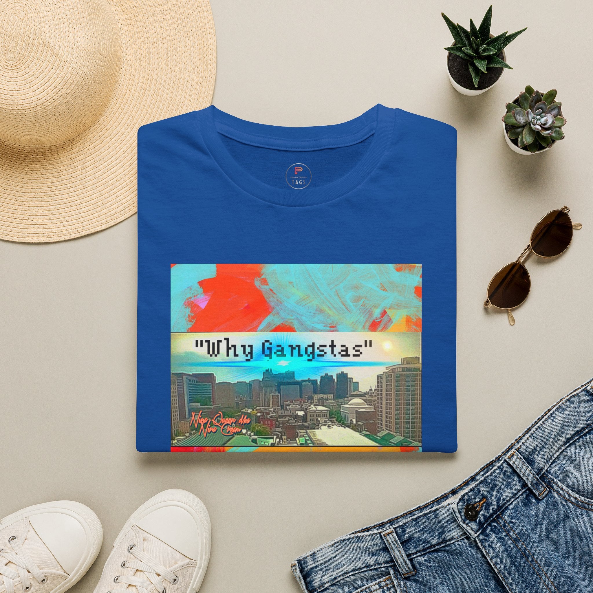 "Why Gangstas" Cityscape T-Shirt — Retro Colorful Streetwear Tee