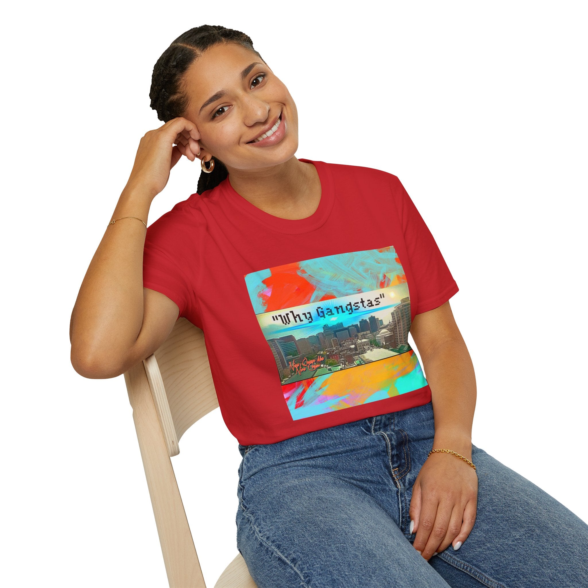 "Why Gangstas" Cityscape T-Shirt — Retro Colorful Streetwear Tee