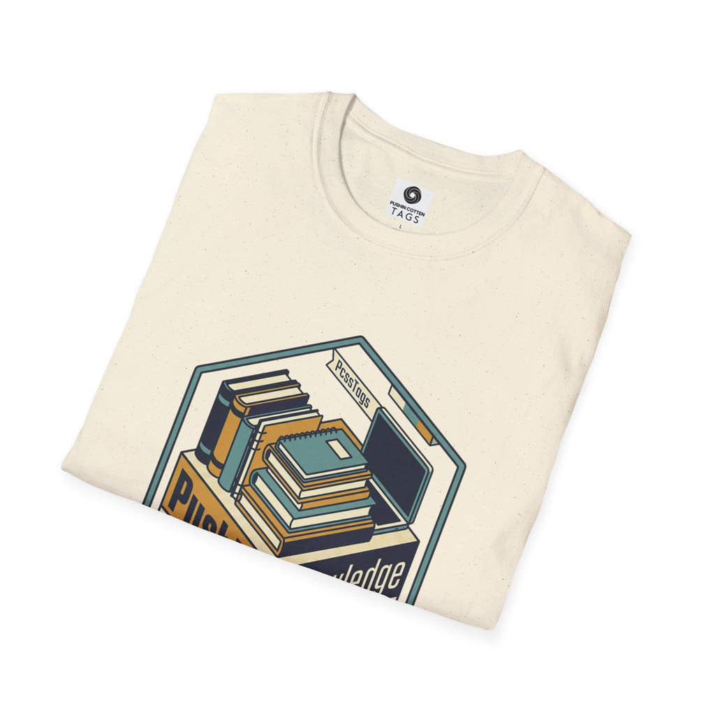 T-Shirt — "Pushin' Knowledge" Retro Book Stack Graphic