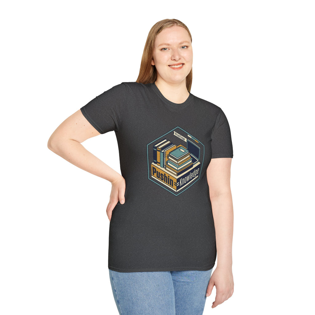 T-Shirt — "Pushin' Knowledge" Retro Book Stack Graphic