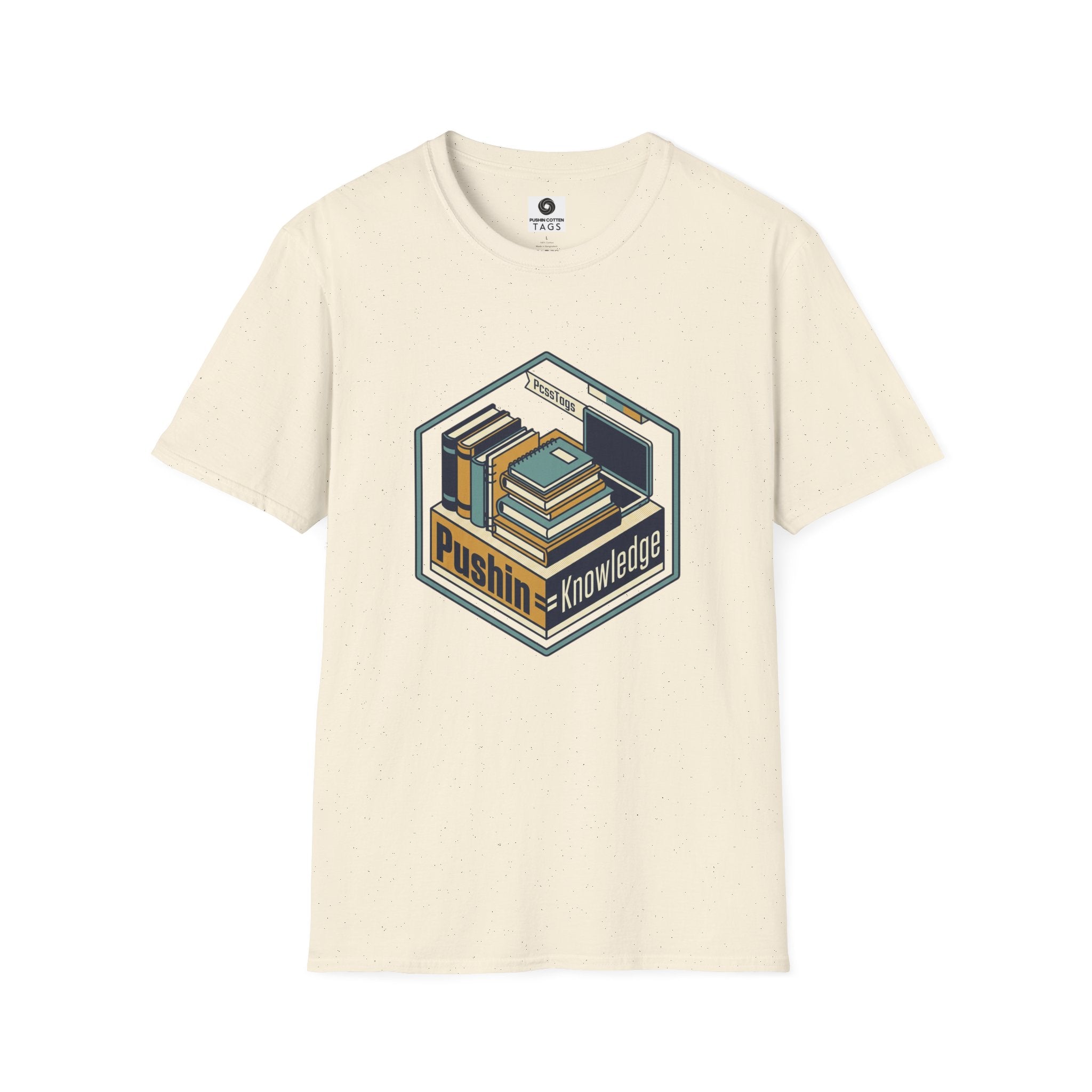 T-Shirt — "Pushin' Knowledge" Retro Book Stack Graphic