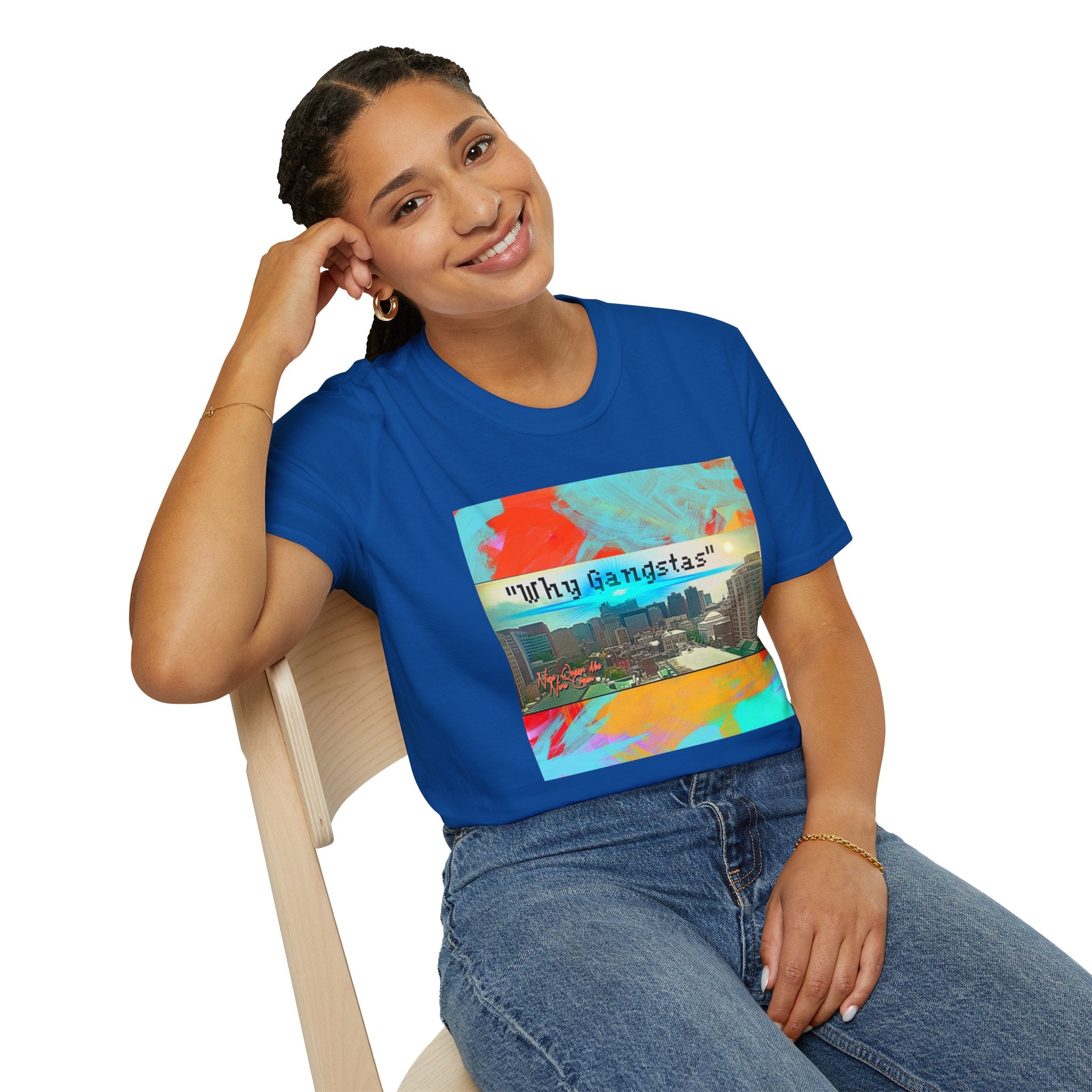 "Why Gangstas" Cityscape T-Shirt — Retro Colorful Streetwear Tee