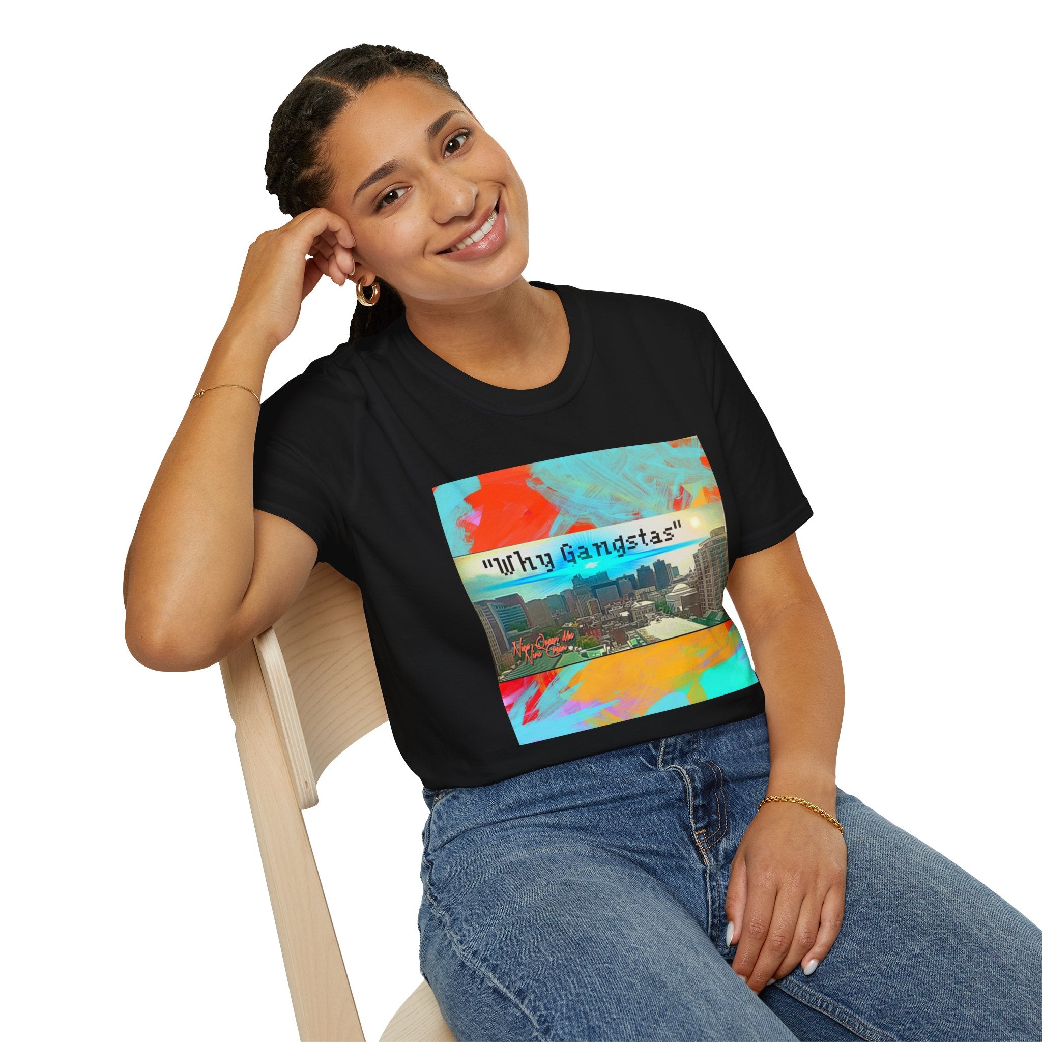 "Why Gangstas" Cityscape T-Shirt — Retro Colorful Streetwear Tee