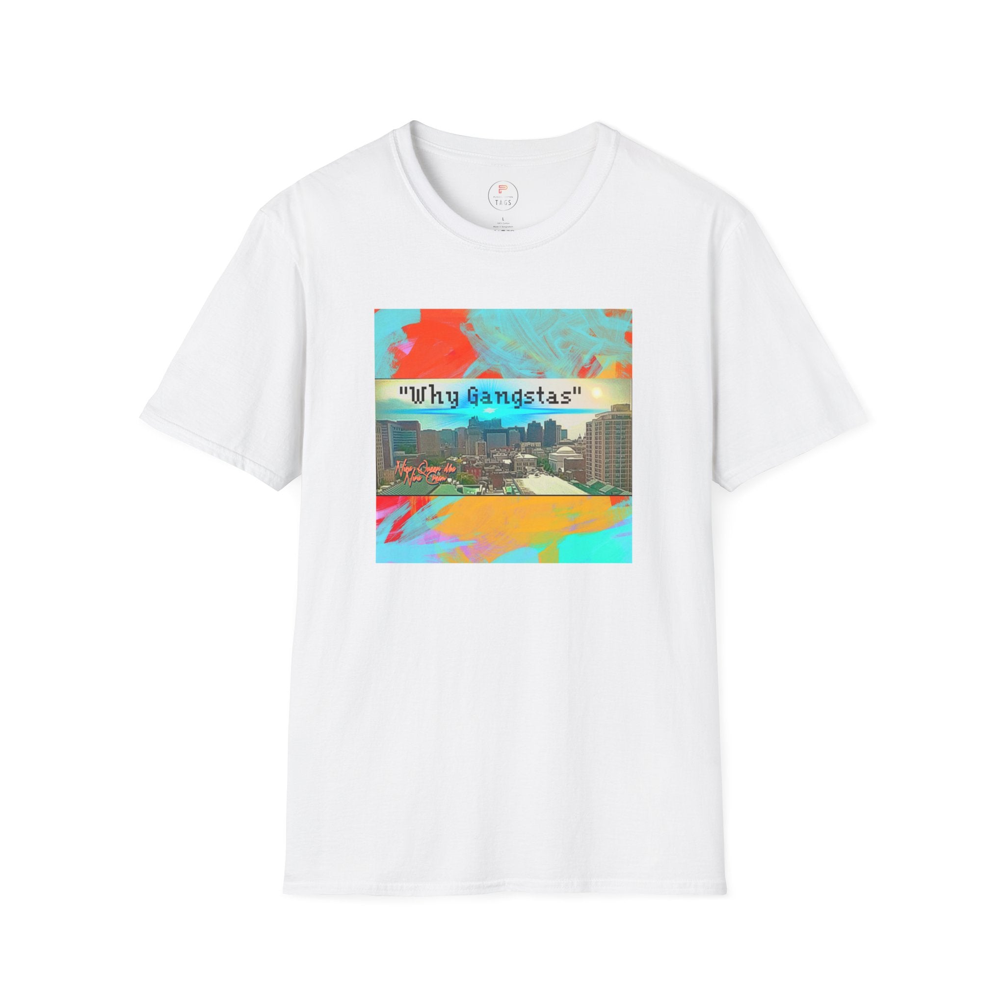 "Why Gangstas" Cityscape T-Shirt — Retro Colorful Streetwear Tee