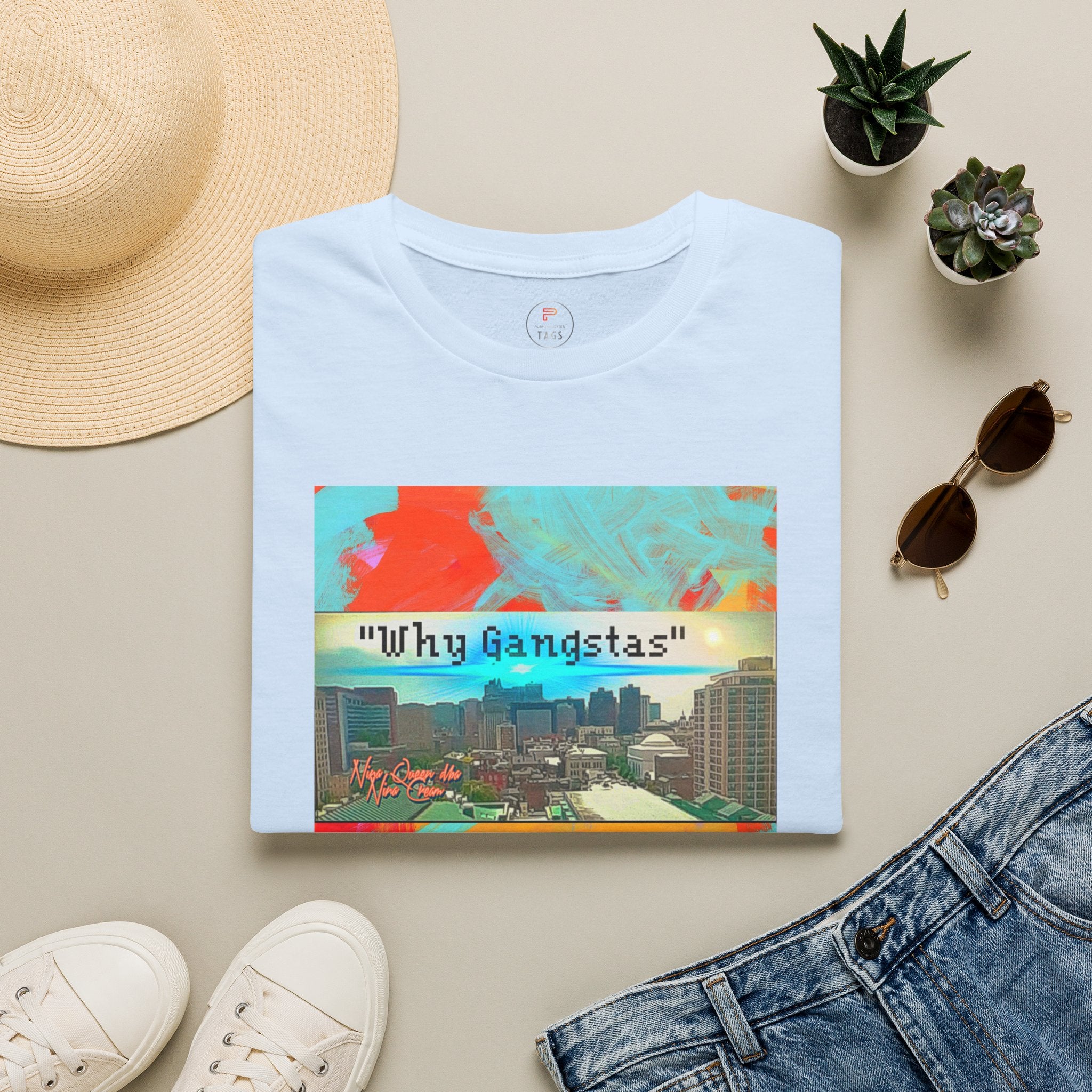 "Why Gangstas" Cityscape T-Shirt — Retro Colorful Streetwear Tee