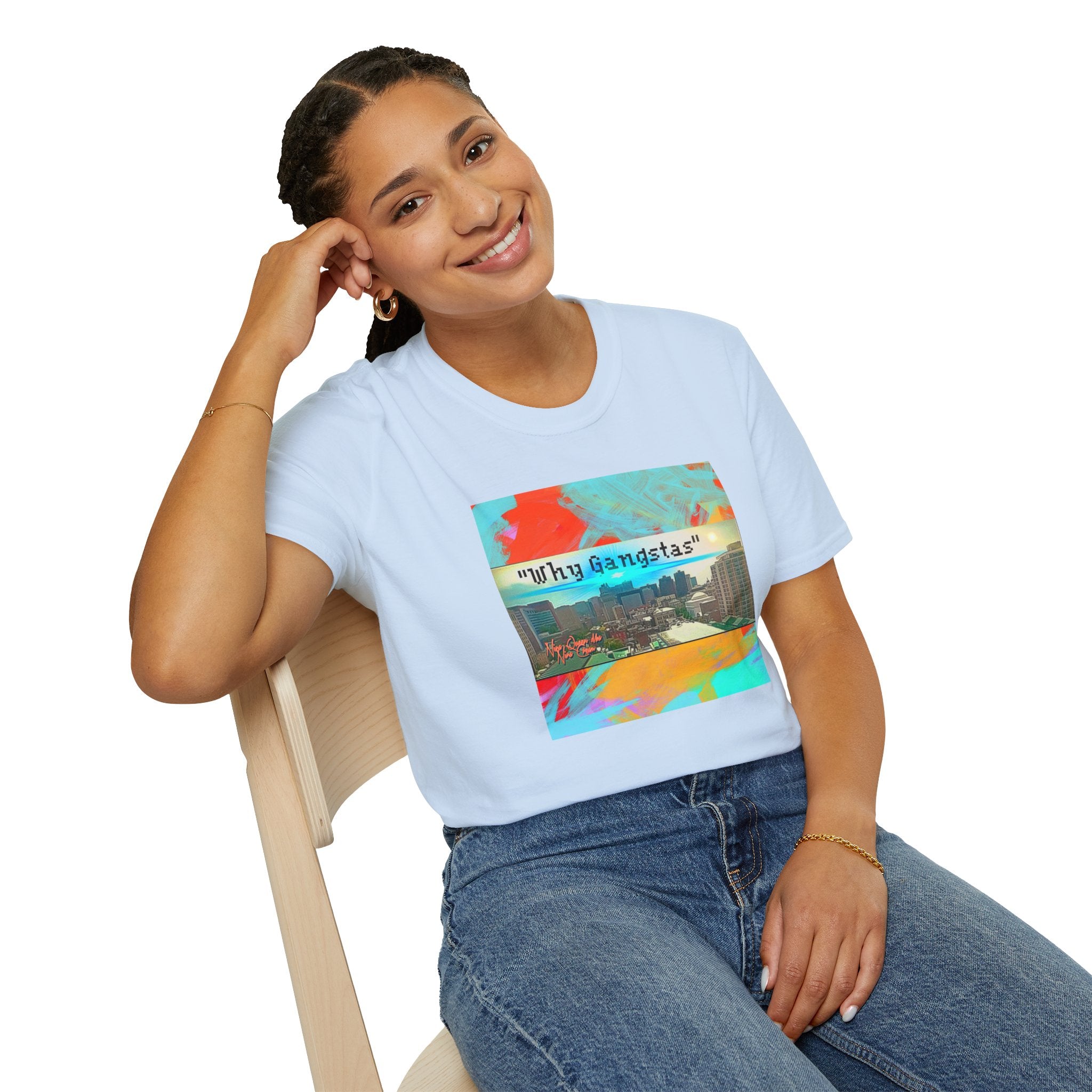 "Why Gangstas" Cityscape T-Shirt — Retro Colorful Streetwear Tee