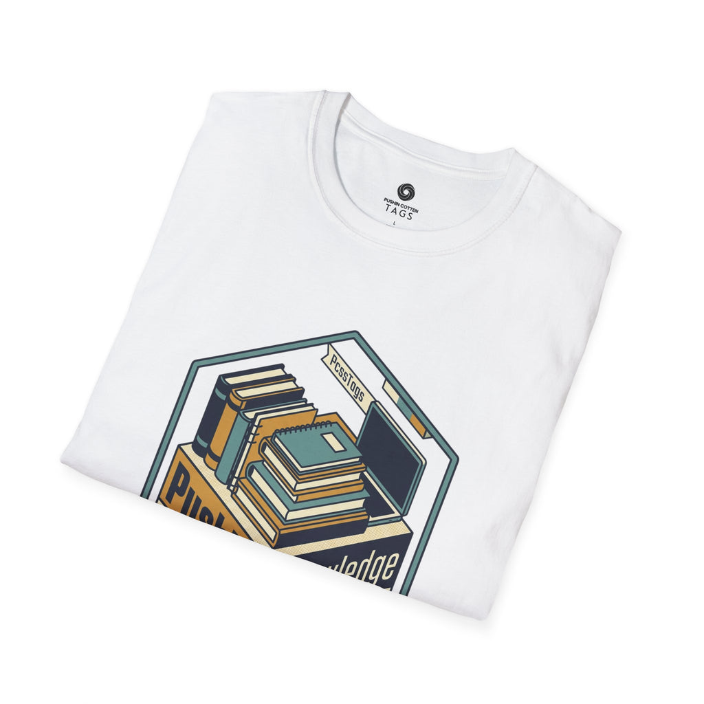 T-Shirt — "Pushin' Knowledge" Retro Book Stack Graphic