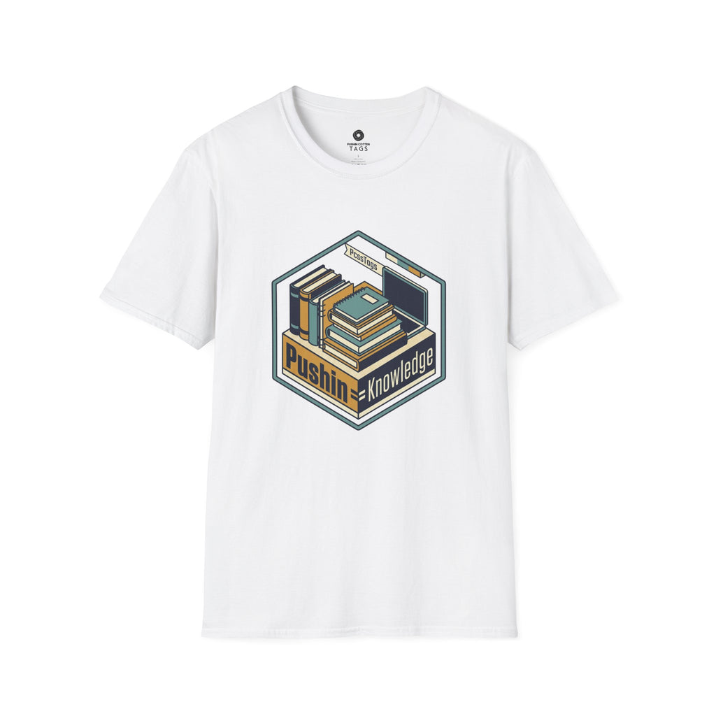 T-Shirt — "Pushin' Knowledge" Retro Book Stack Graphic
