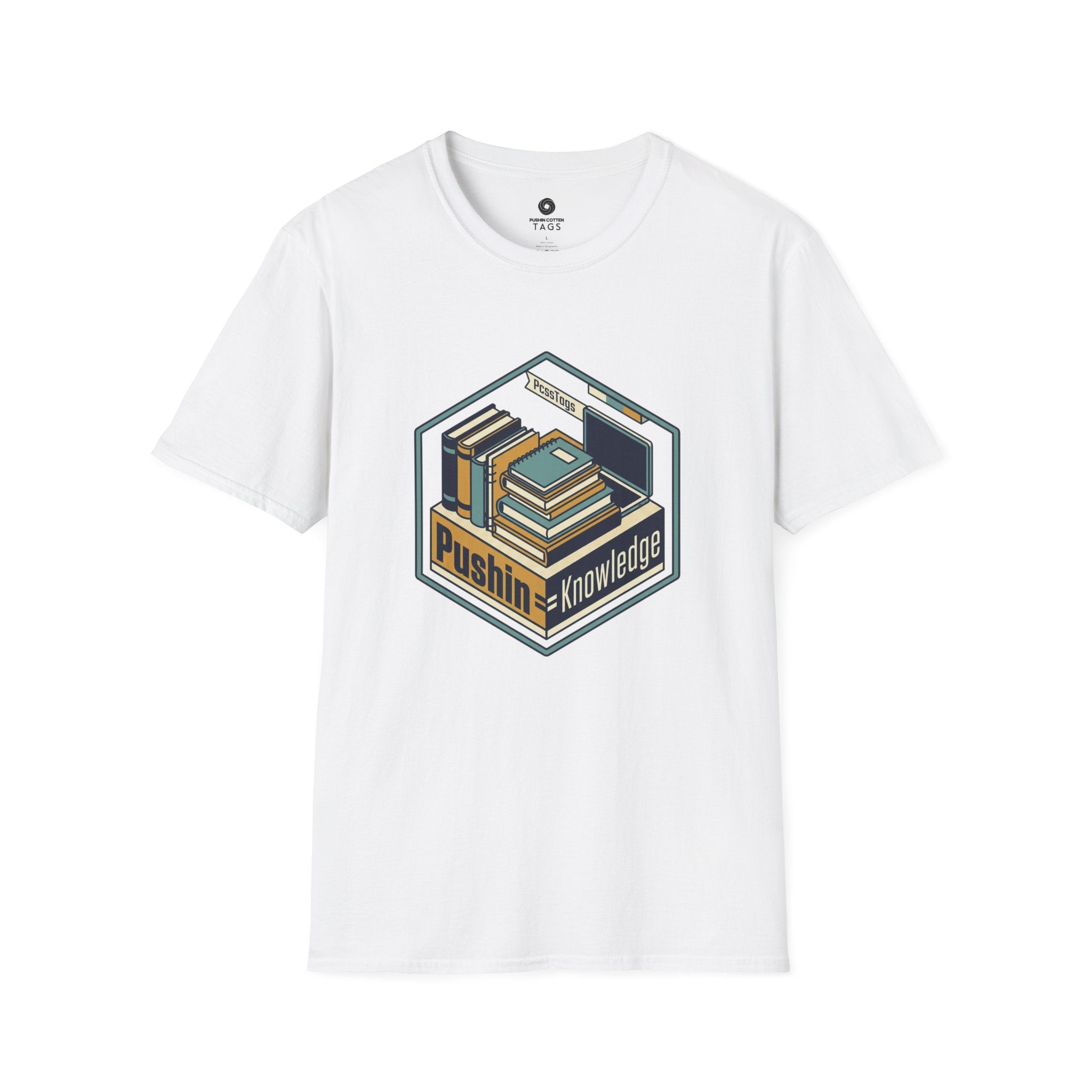 T-Shirt — "Pushin' Knowledge" Retro Book Stack Graphic