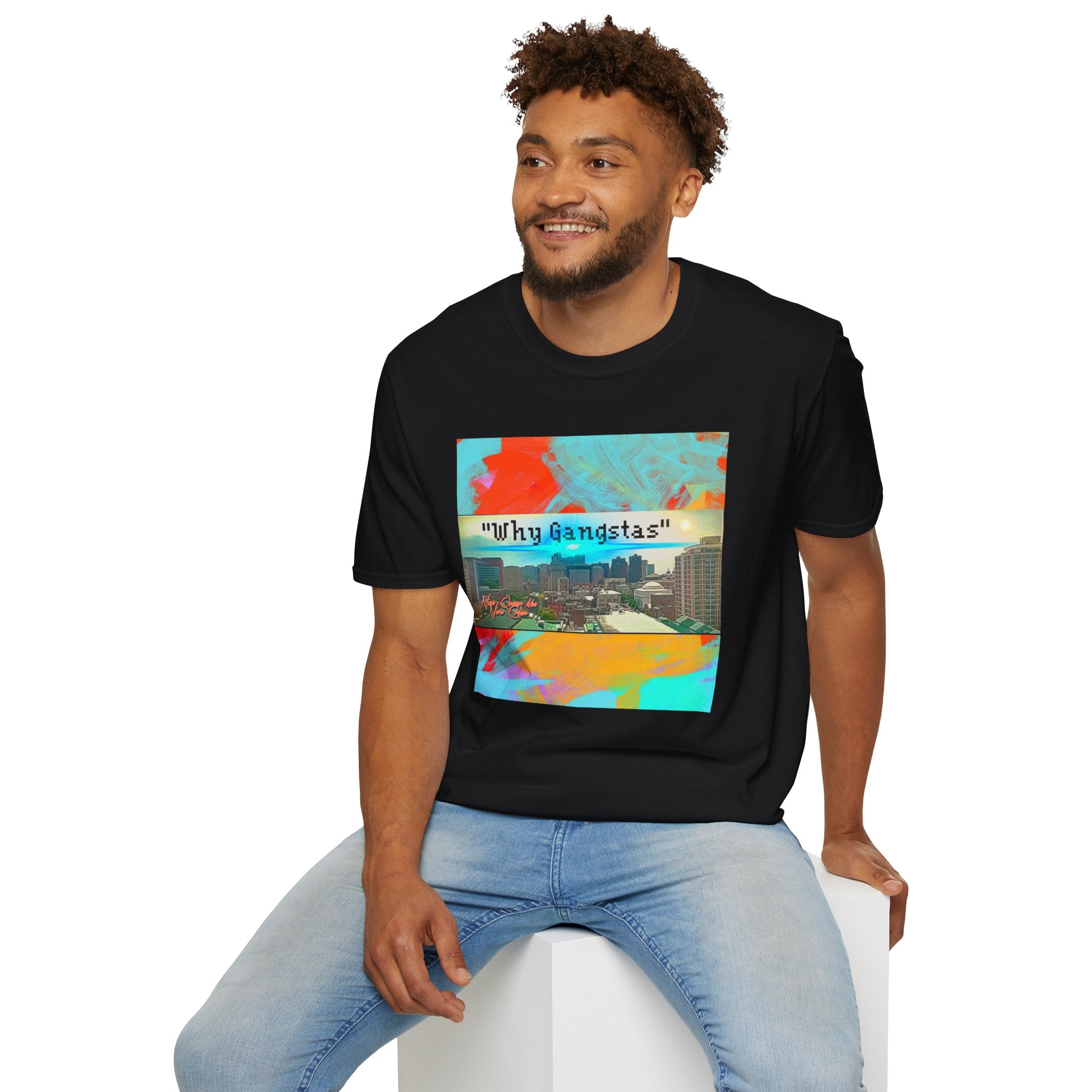 "Why Gangstas" Cityscape T-Shirt — Retro Colorful Streetwear Tee
