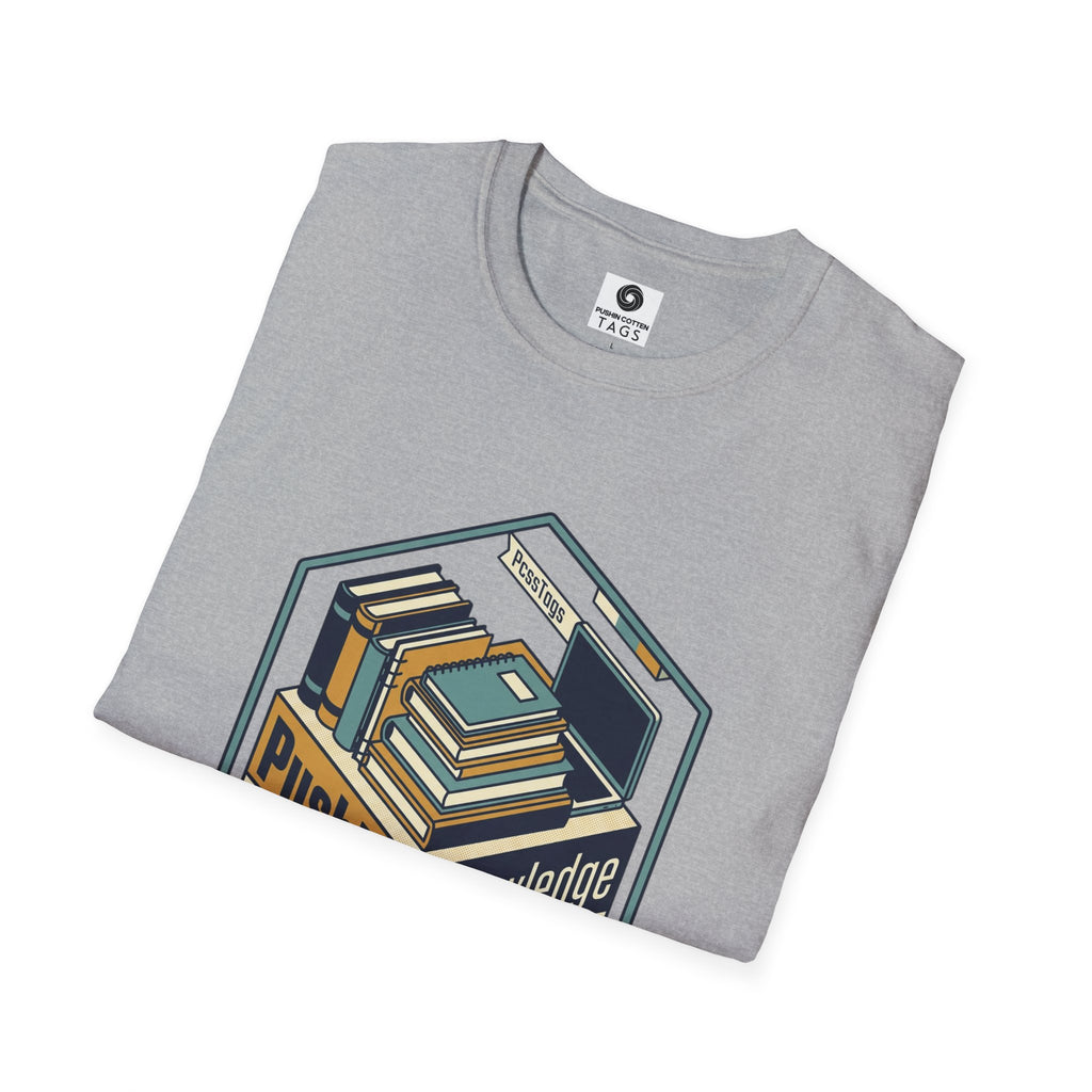 T-Shirt — "Pushin' Knowledge" Retro Book Stack Graphic
