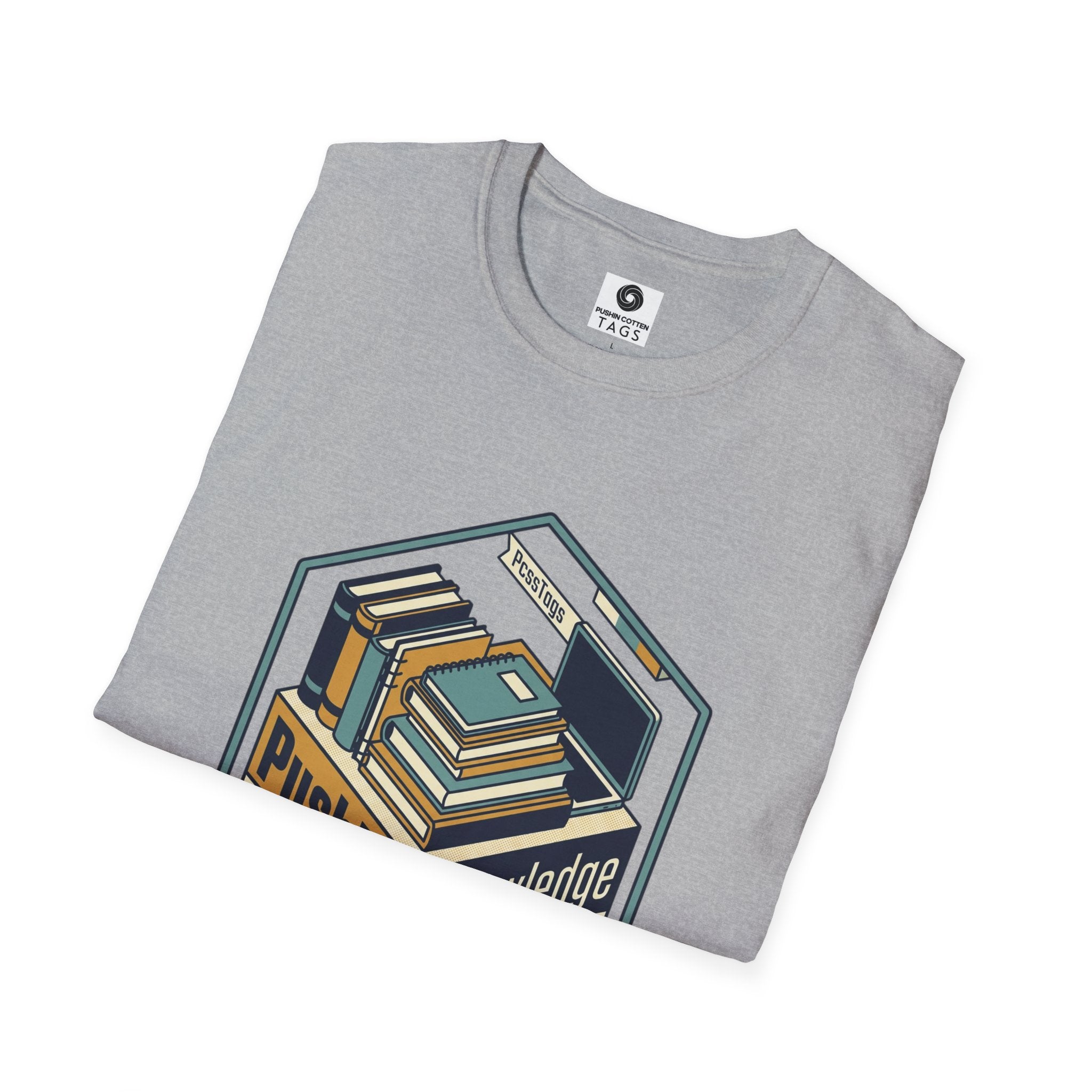 T-Shirt — "Pushin' Knowledge" Retro Book Stack Graphic