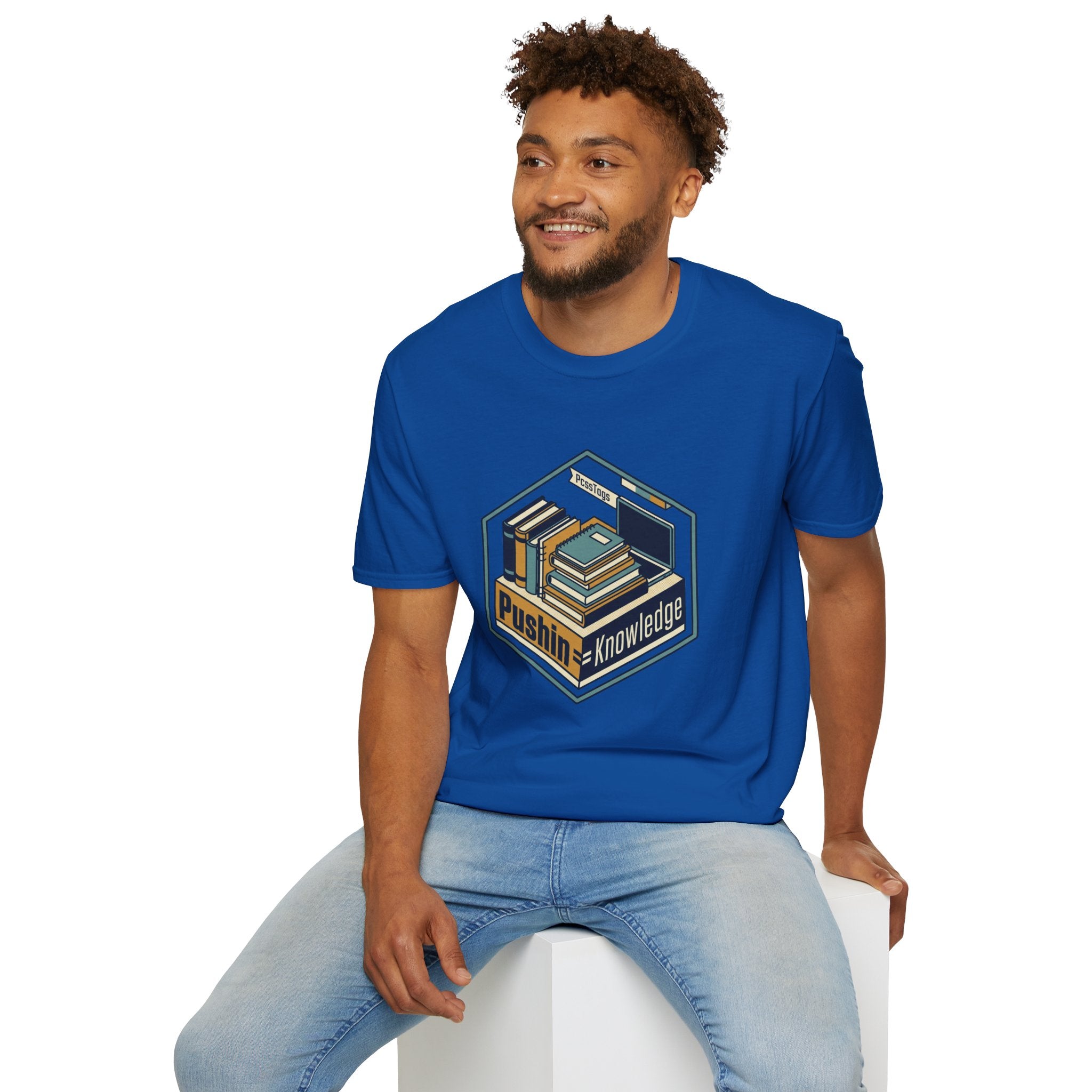 T-Shirt — "Pushin' Knowledge" Retro Book Stack Graphic