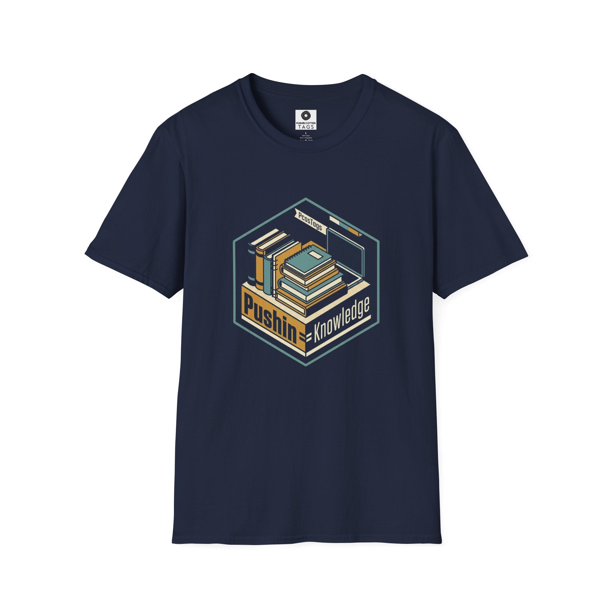 T-Shirt — "Pushin' Knowledge" Retro Book Stack Graphic