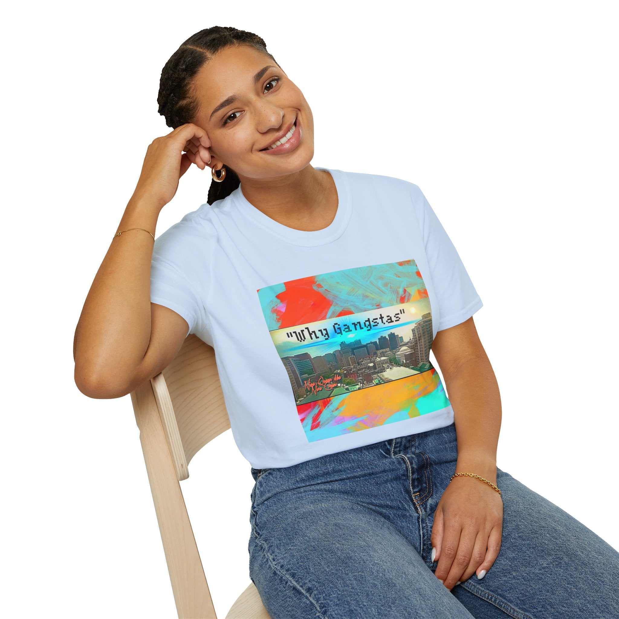 "Why Gangstas" Cityscape T-Shirt — Retro Colorful Streetwear Tee