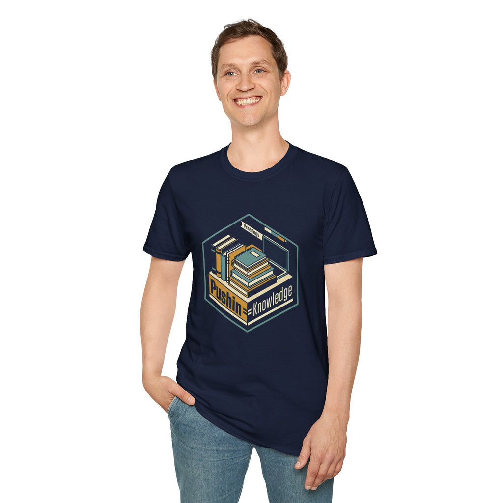T-Shirt — "Pushin' Knowledge" Retro Book Stack Graphic