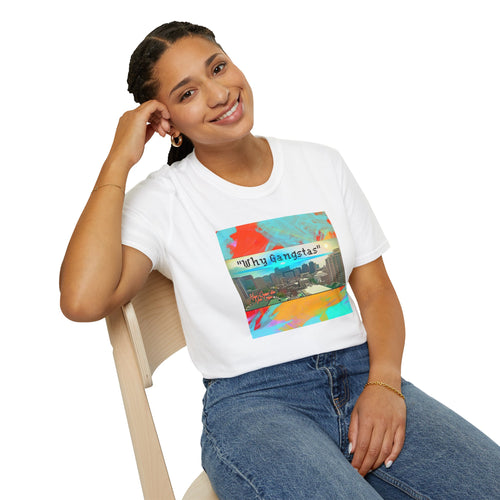 "Why Gangstas" Cityscape T-Shirt — Retro Colorful Streetwear Tee