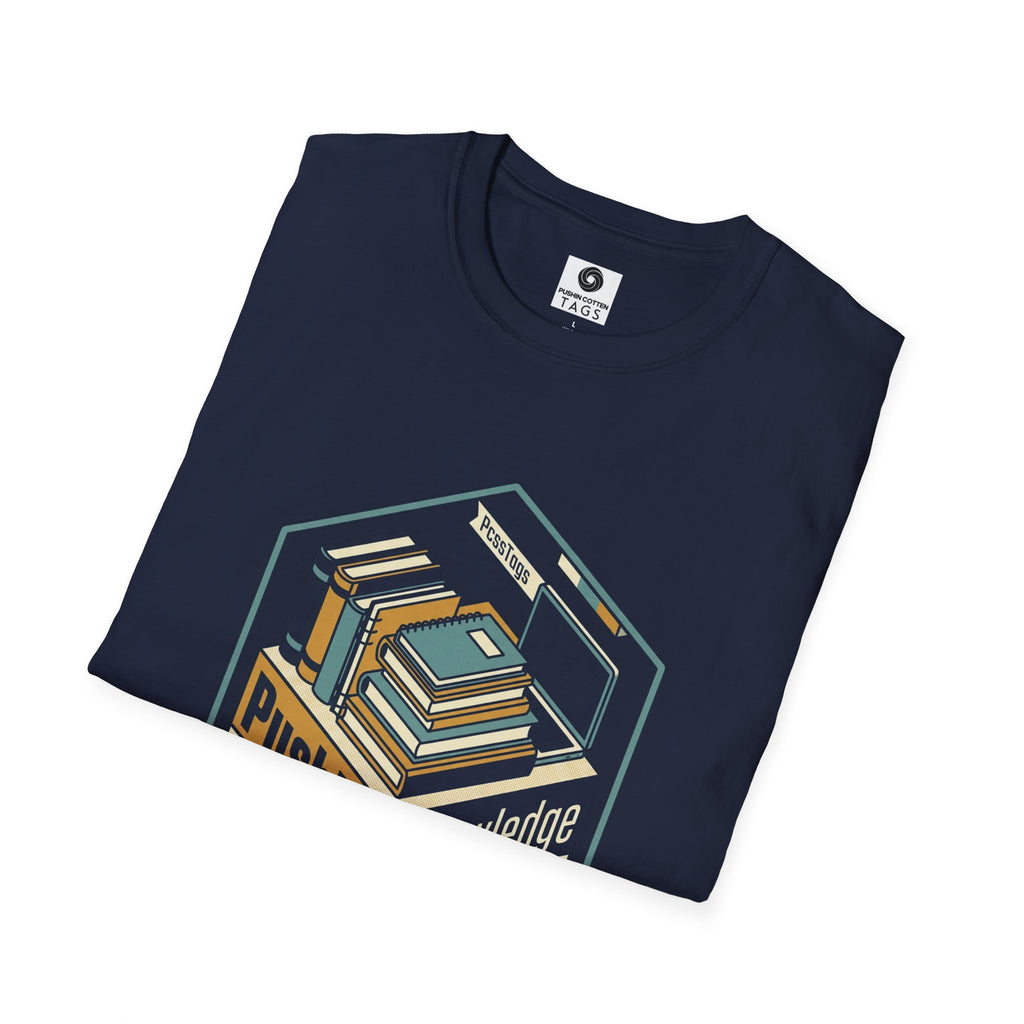 T-Shirt — "Pushin' Knowledge" Retro Book Stack Graphic