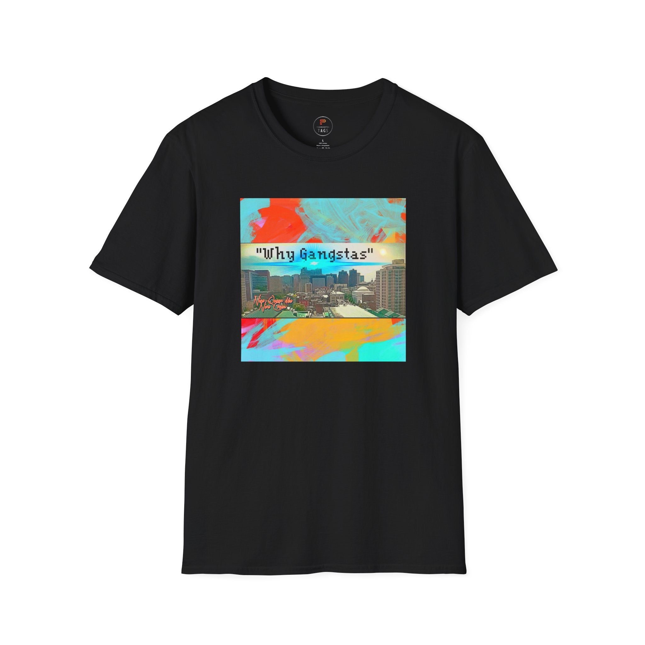 "Why Gangstas" Cityscape T-Shirt — Retro Colorful Streetwear Tee
