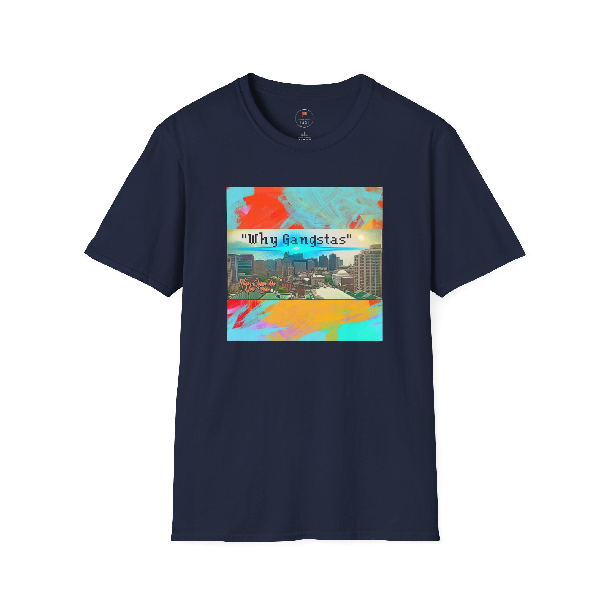 "Why Gangstas" Cityscape T-Shirt — Retro Colorful Streetwear Tee