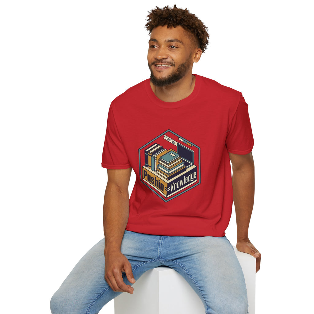 T-Shirt — "Pushin' Knowledge" Retro Book Stack Graphic