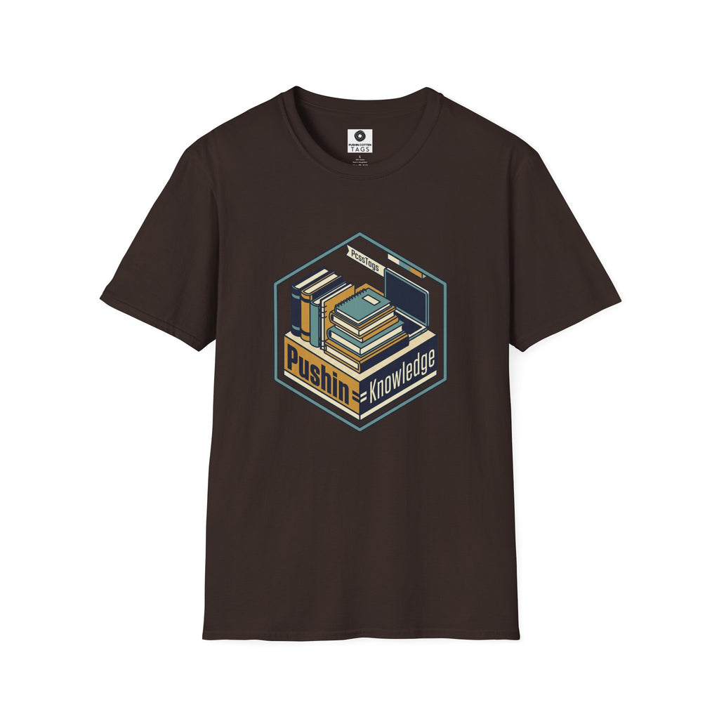 T-Shirt — "Pushin' Knowledge" Retro Book Stack Graphic