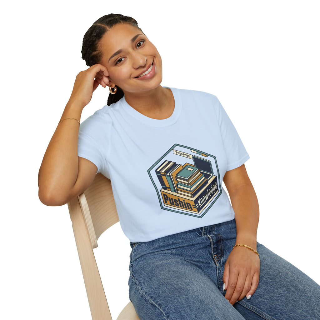T-Shirt — "Pushin' Knowledge" Retro Book Stack Graphic