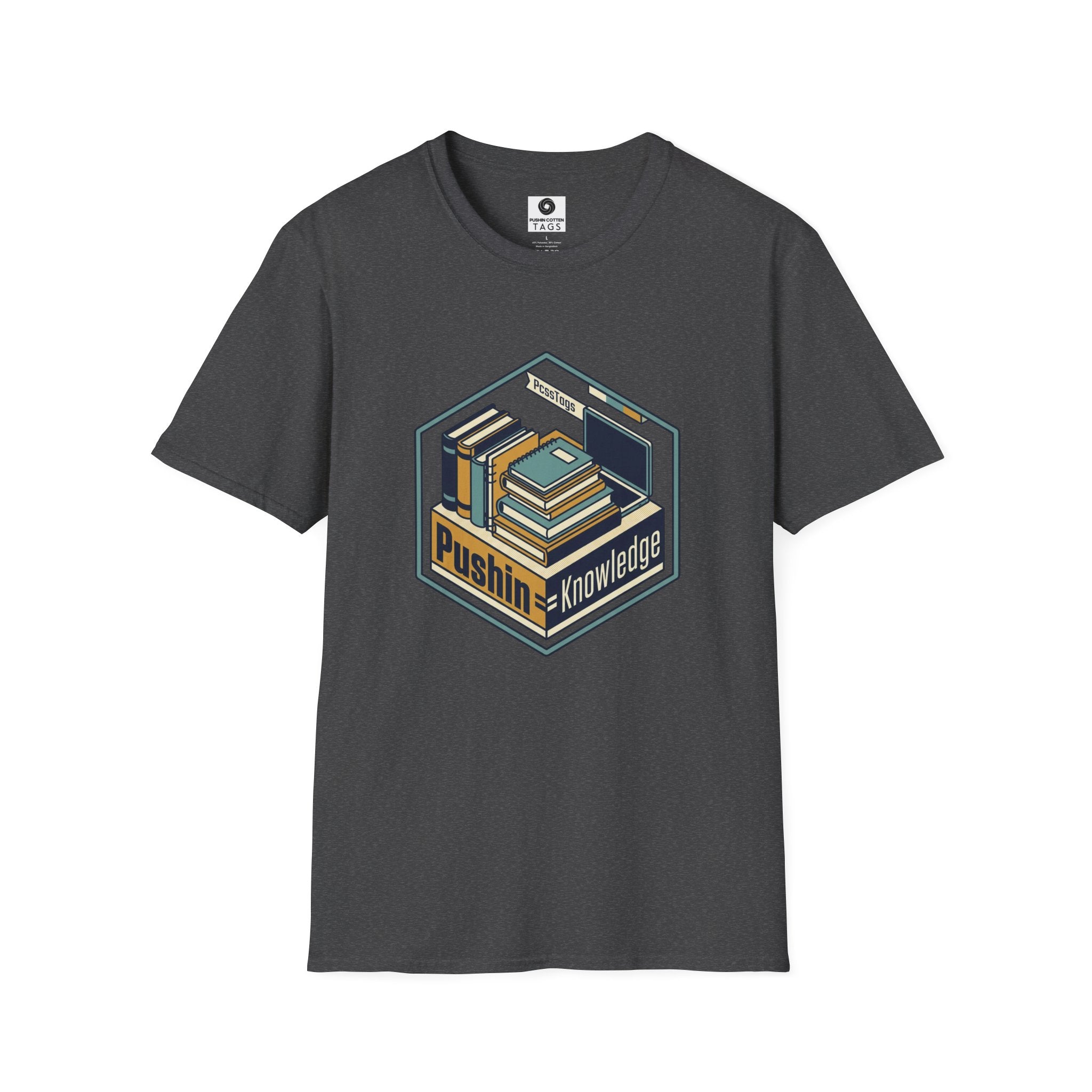 T-Shirt — "Pushin' Knowledge" Retro Book Stack Graphic