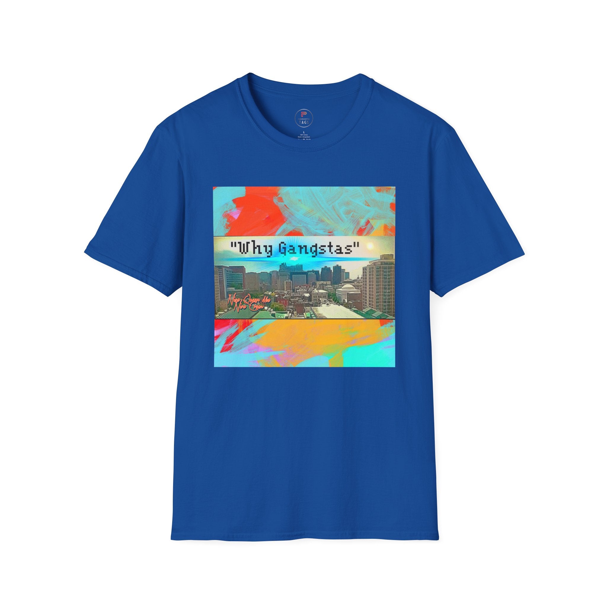 "Why Gangstas" Cityscape T-Shirt — Retro Colorful Streetwear Tee
