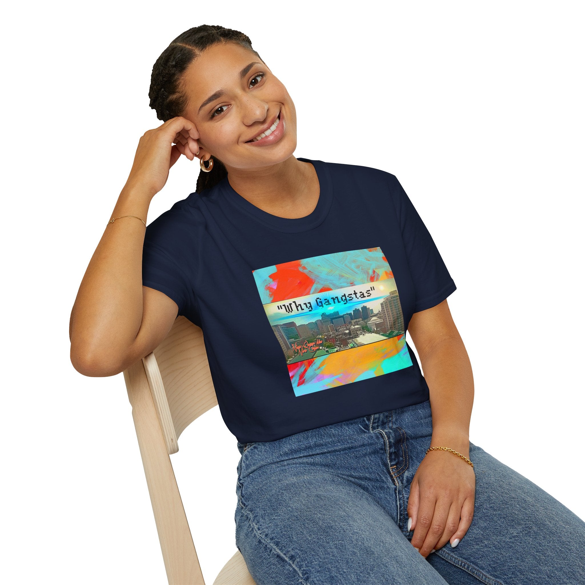 "Why Gangstas" Cityscape T-Shirt — Retro Colorful Streetwear Tee