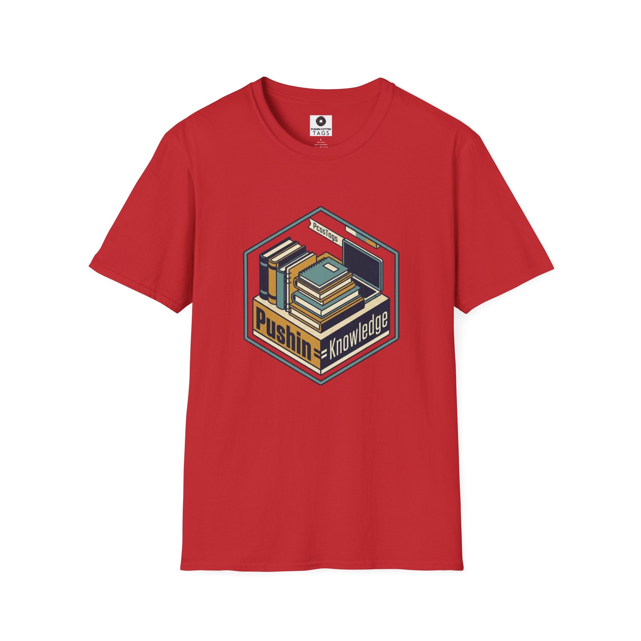 T-Shirt — "Pushin' Knowledge" Retro Book Stack Graphic